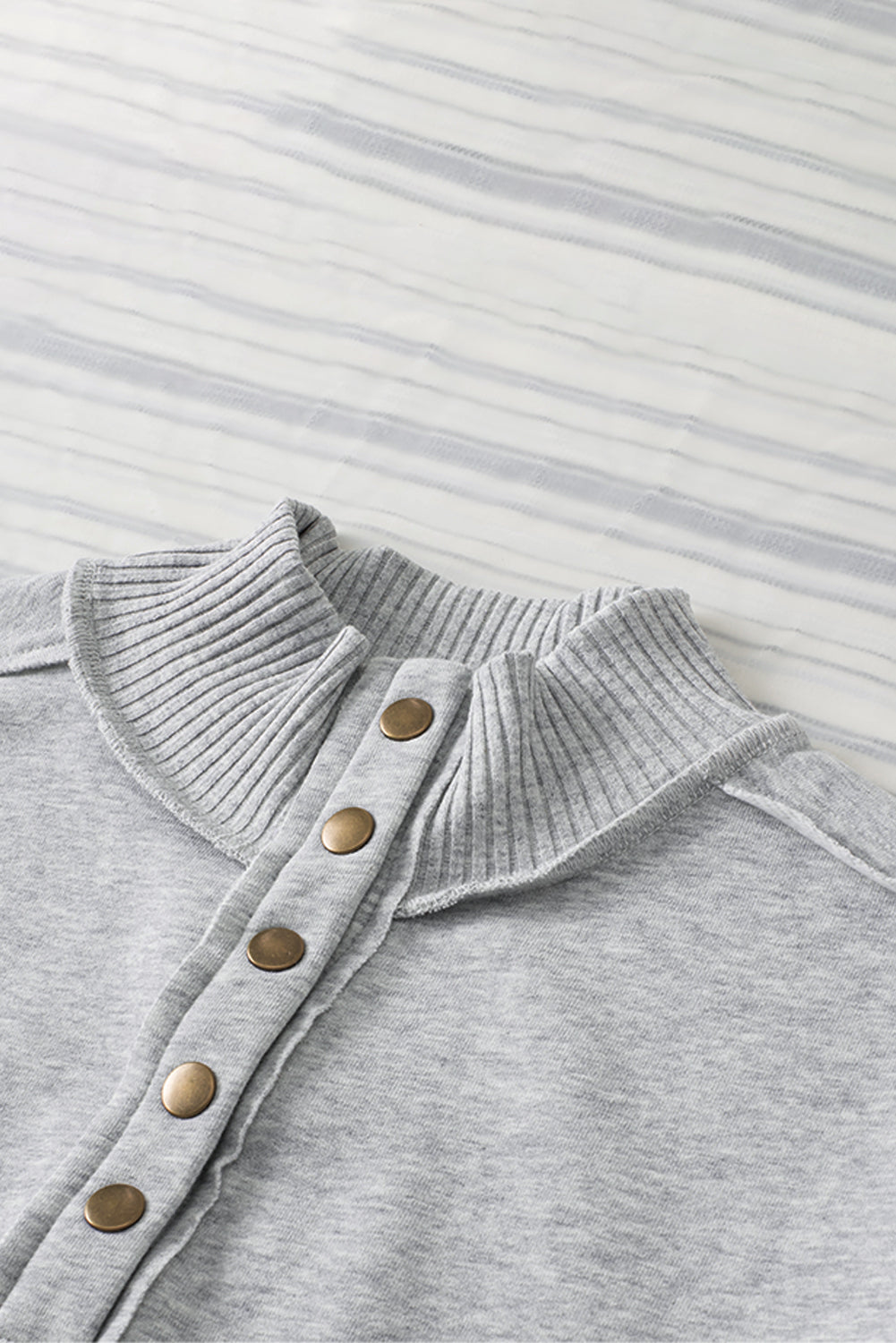 Black Ribbed Hem Snap Button Neckline Sweatshirt with Pocket