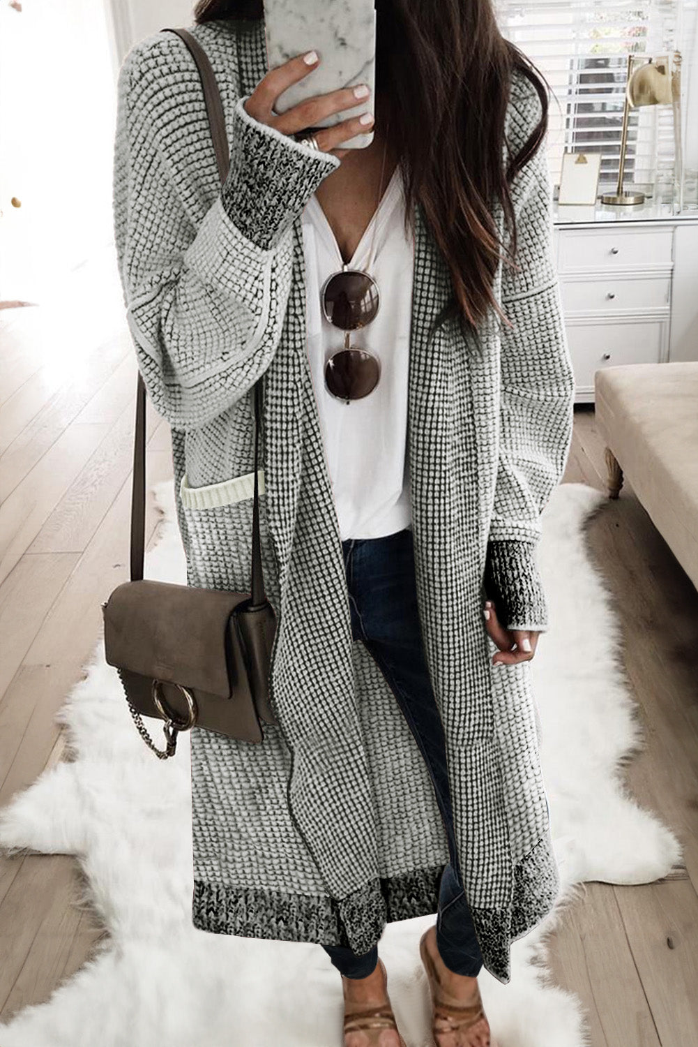 Plaid Knitted Long Open Front Cardigan