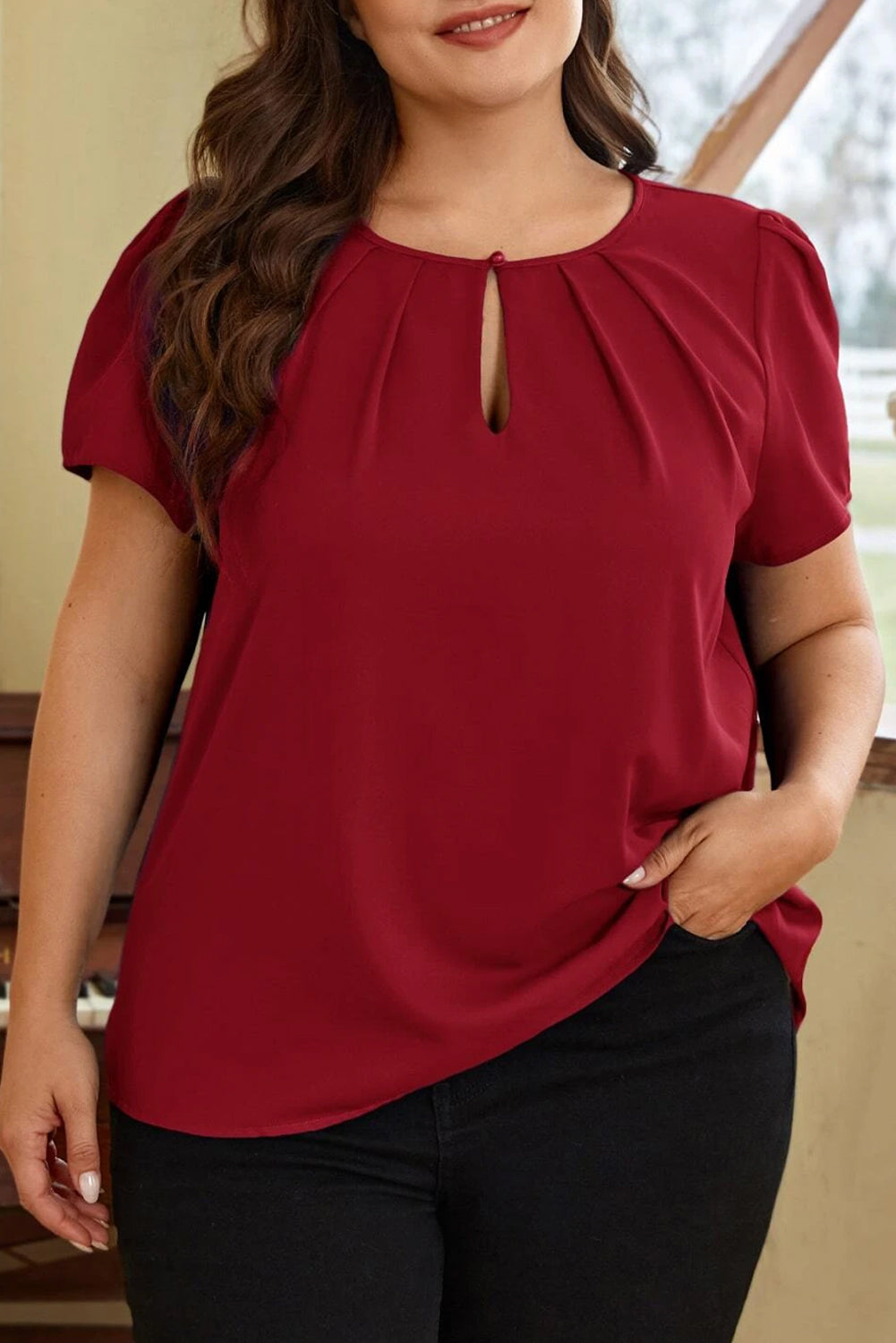 Black Keyhole Pleated Crew Neck Plus Size T Shirt