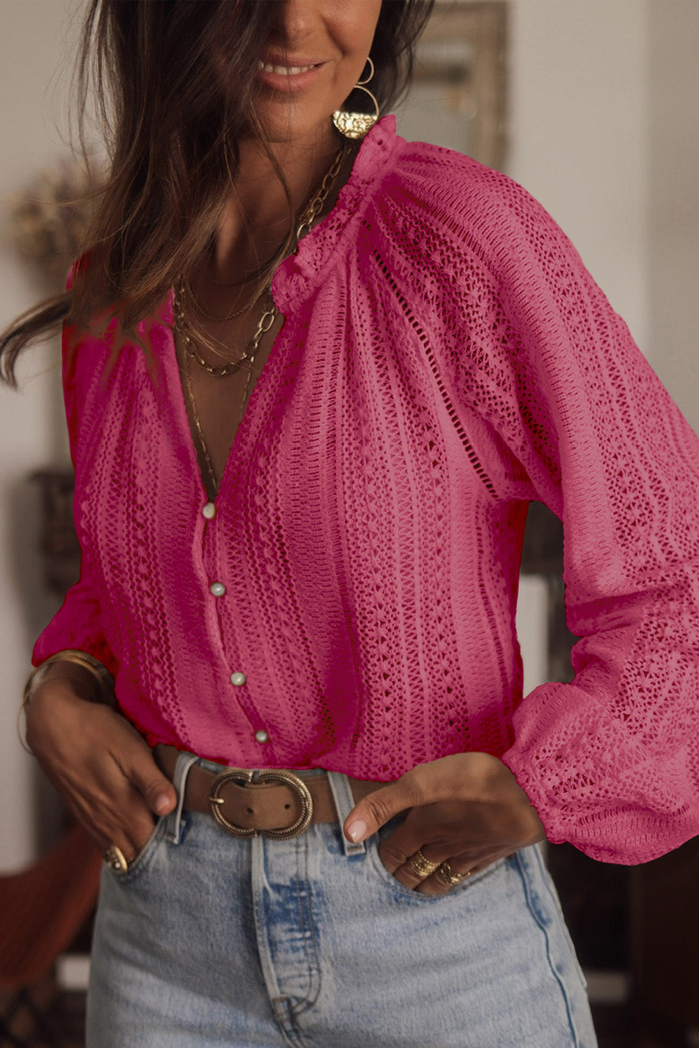 V-Neck Long Sleeve Button Up Lace Shirt