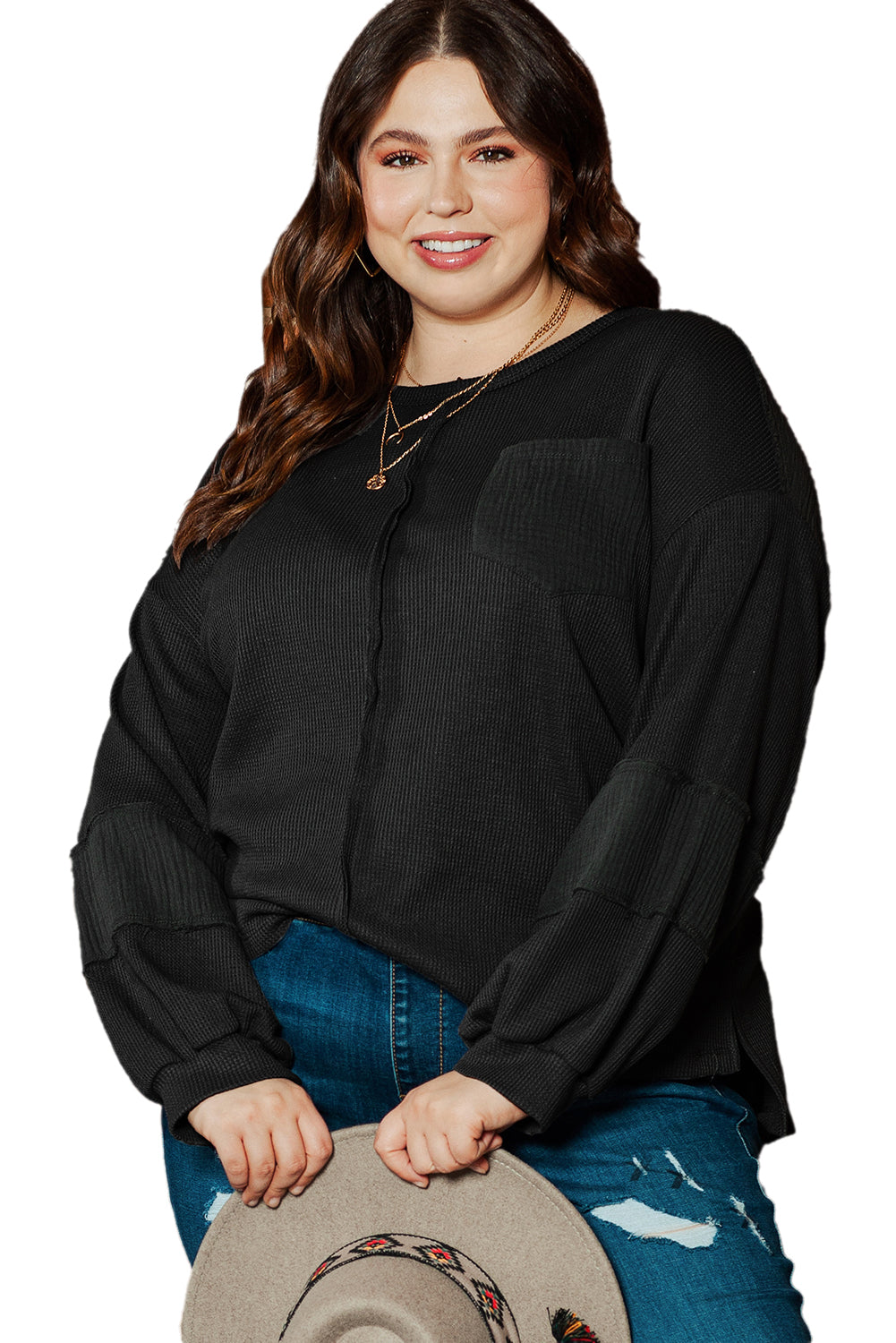 Dark Grey Plus Size Exposed Seam Crinkle Patchwork Top