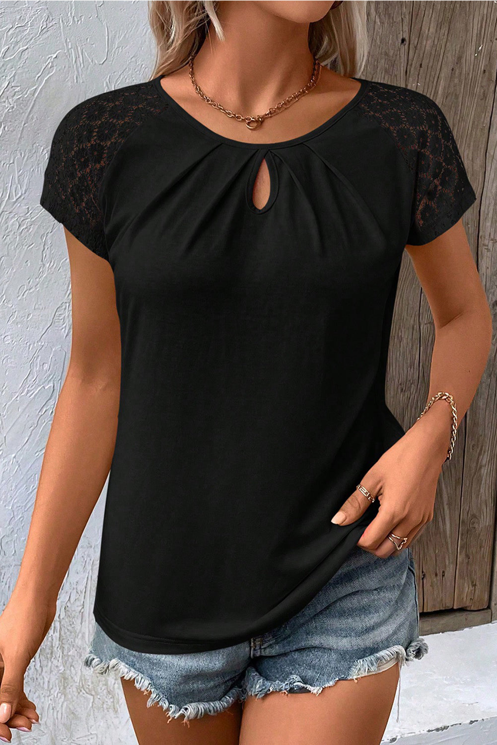 Lace Sleeve Keyhole Decor Top