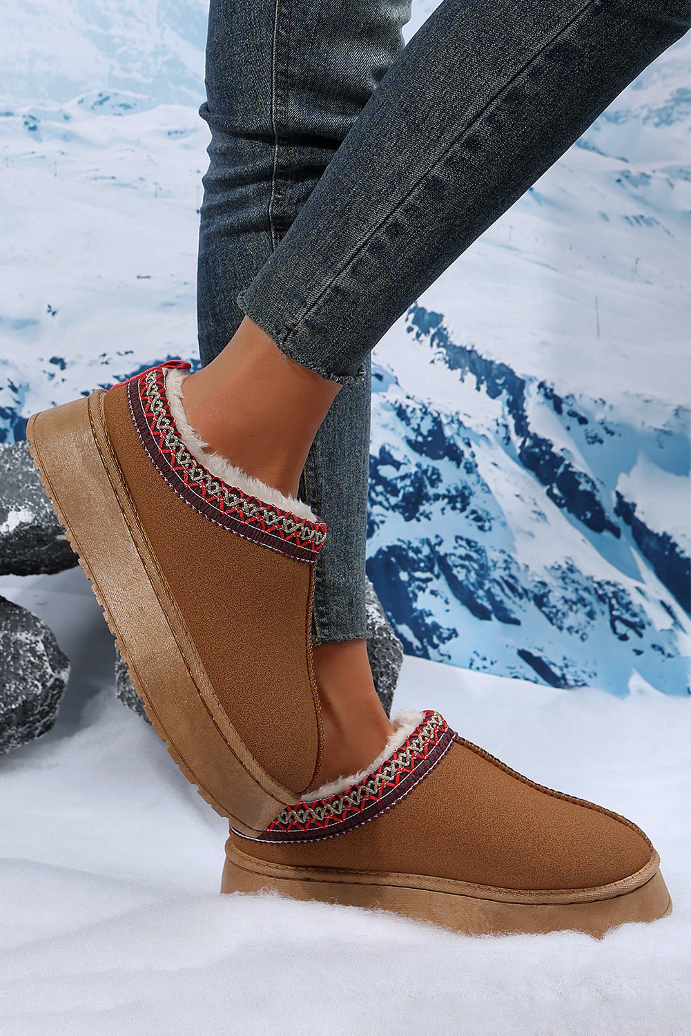 Suede Contrast Print Plush Lined Snow Boots