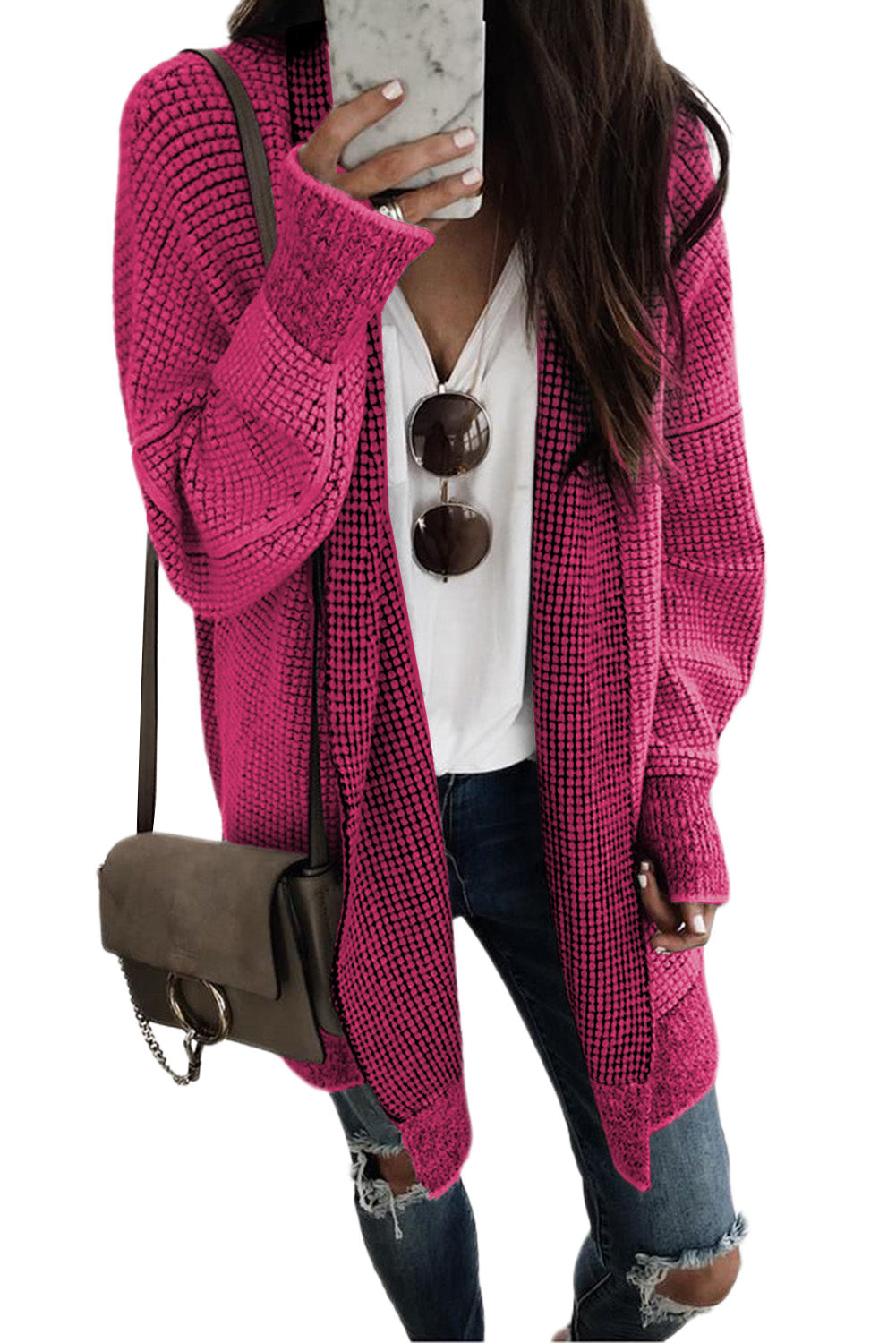 Plaid Knitted Long Open Front Cardigan