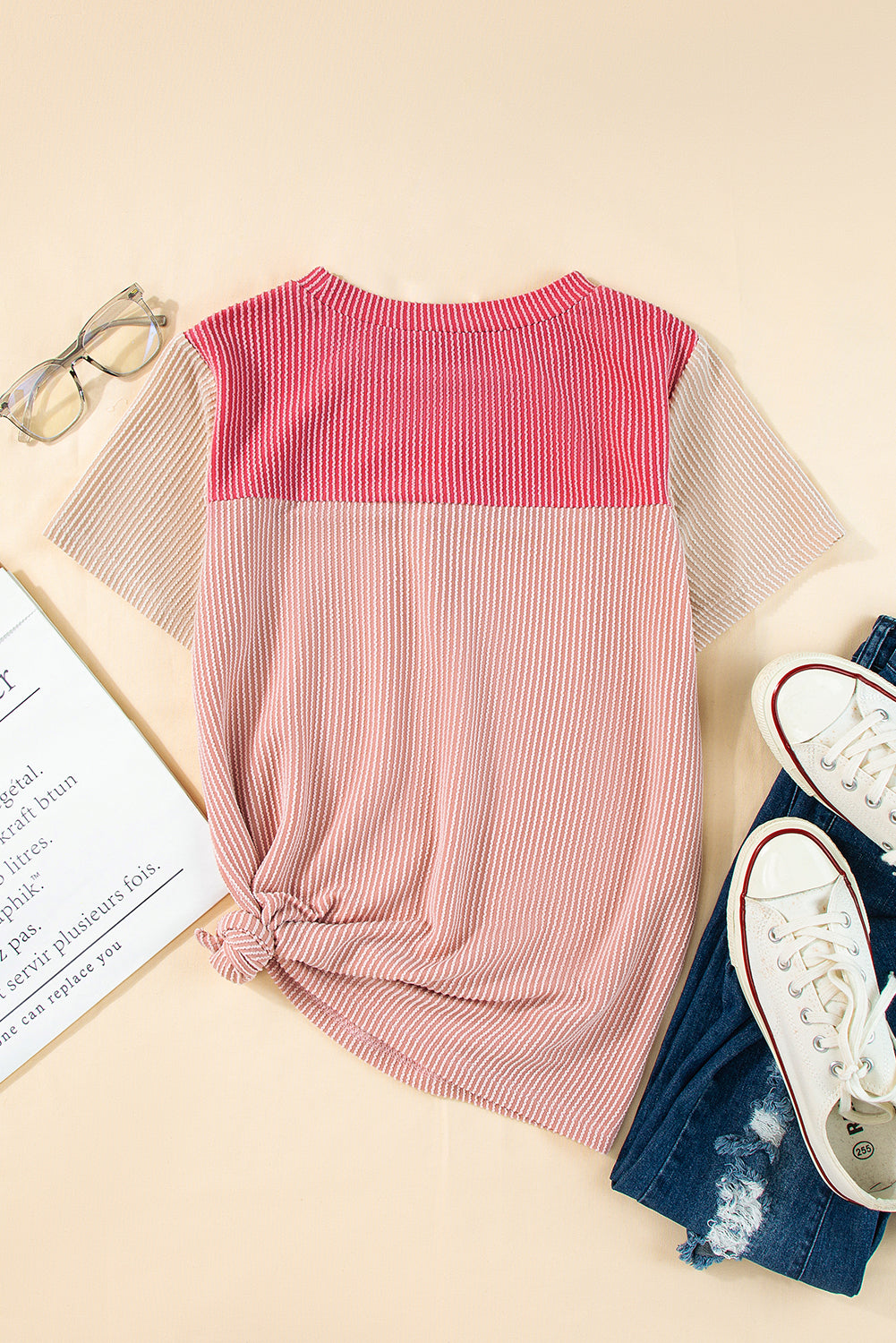 Pink Rib Textured Colorblock T Shirt