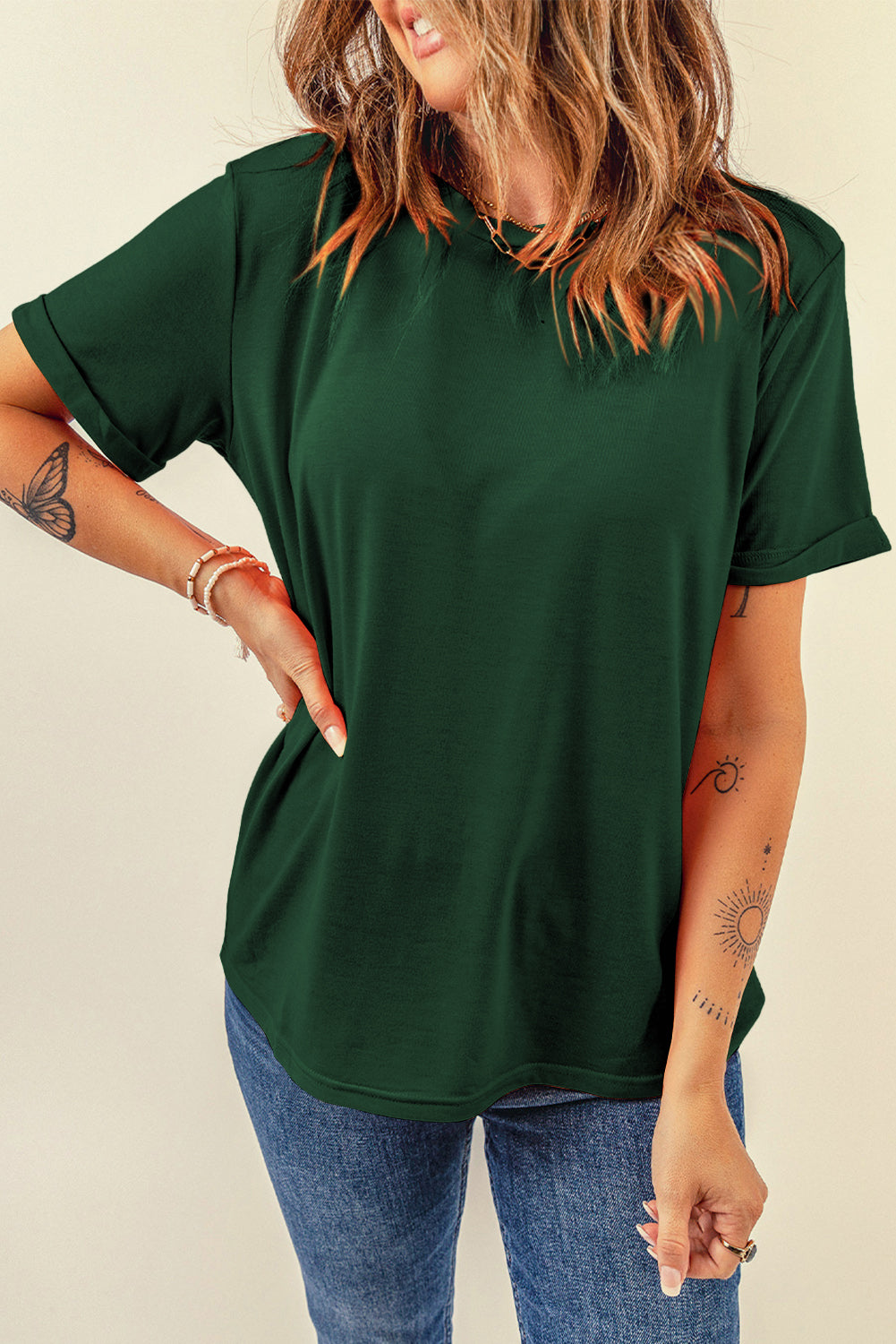 Khaki Casual Plain Crew Neck Tee