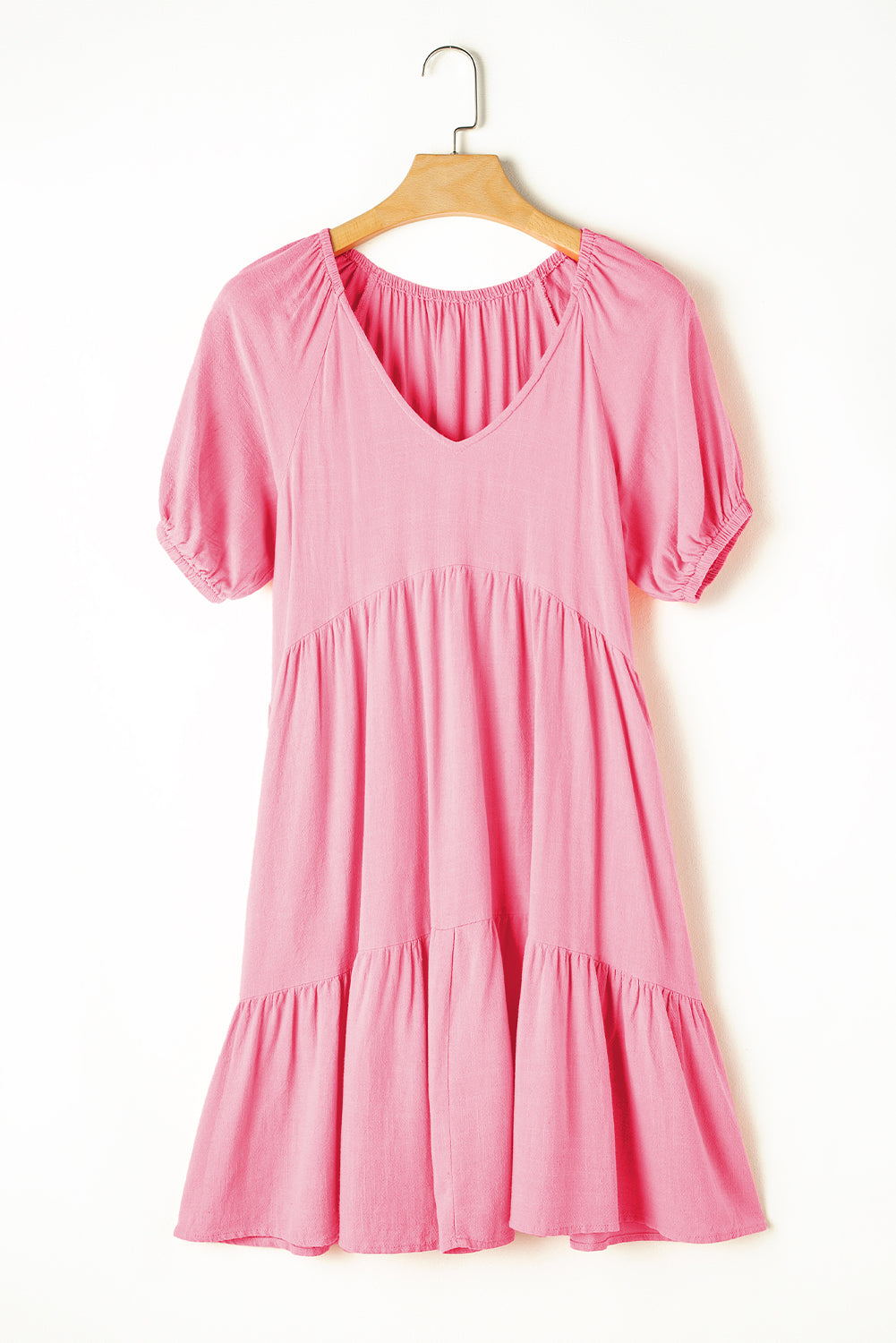 Strawberry Pink Puff Sleeve V Neck Tiered Swing Dress