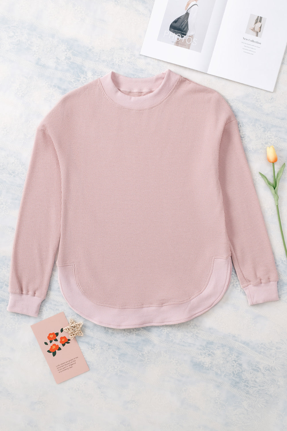 Apricot Crew Neck Ribbed Trim Waffle Knit Top