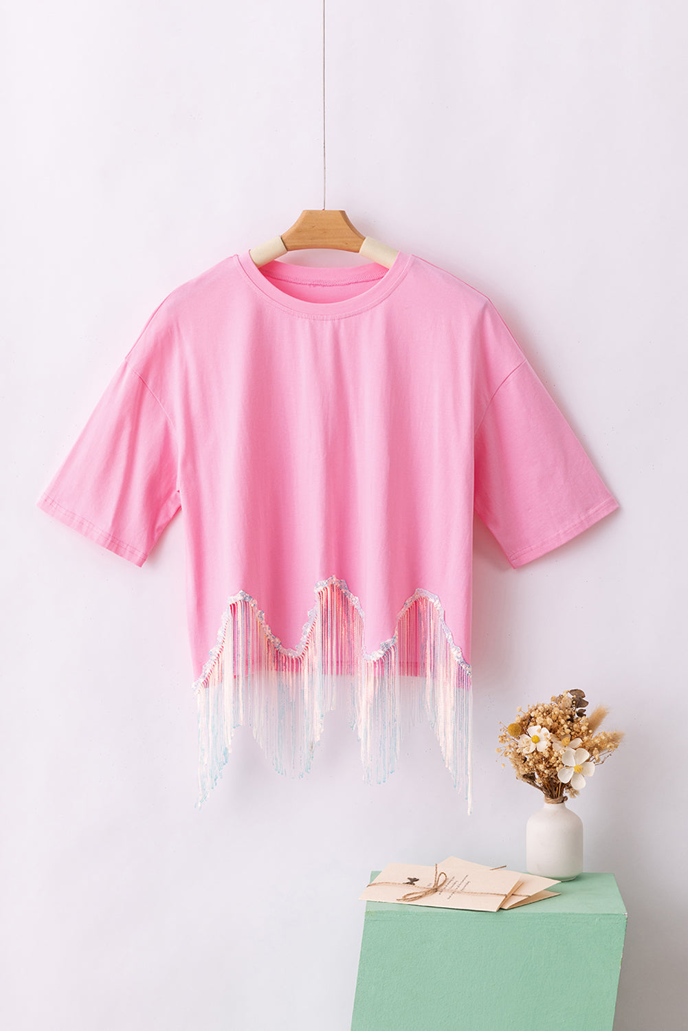 Moonlight Jade Fringed Sequin Crop T-shirt