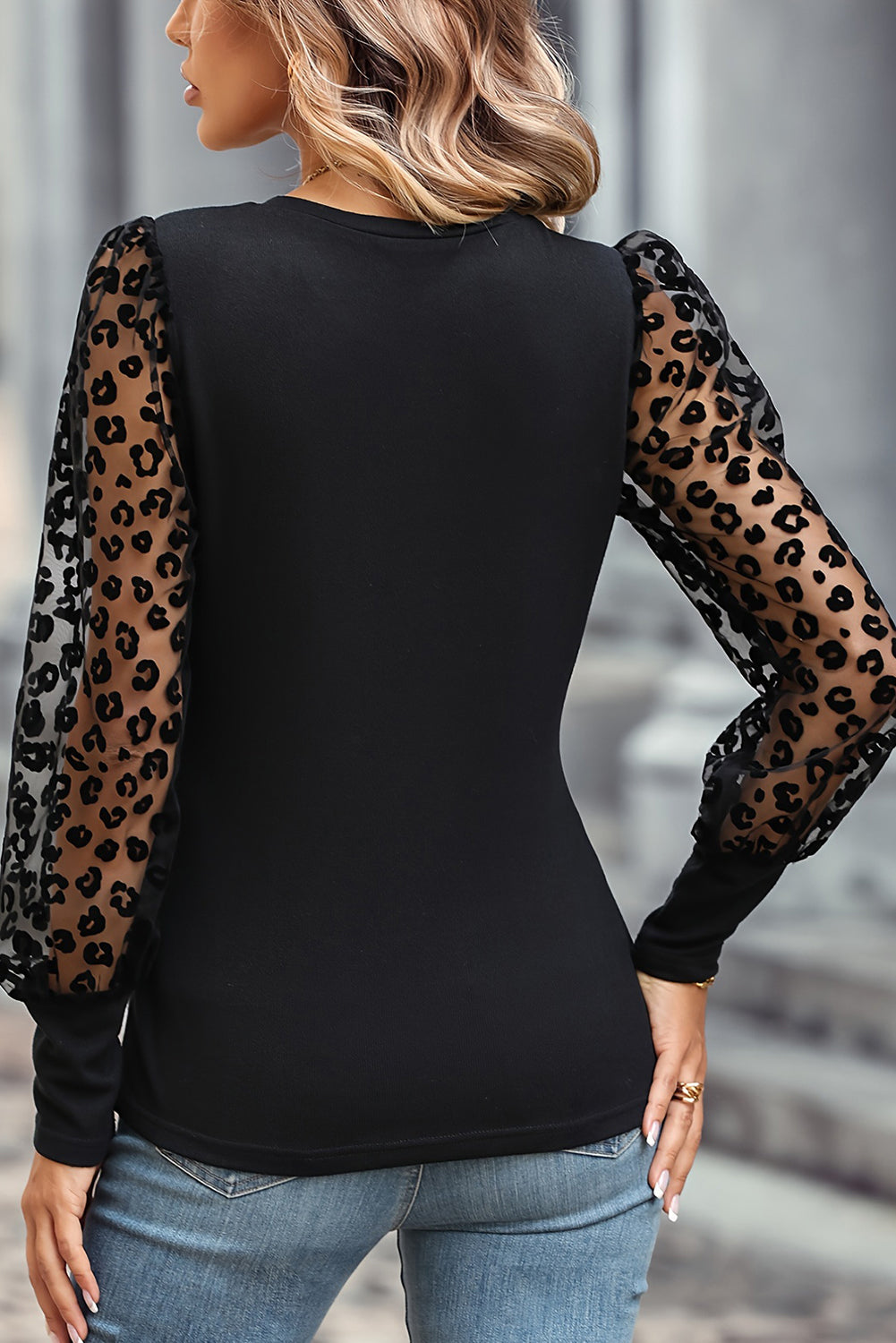 Black Leopard Mesh Puff Sleeve Patchwork Slim Fit Top