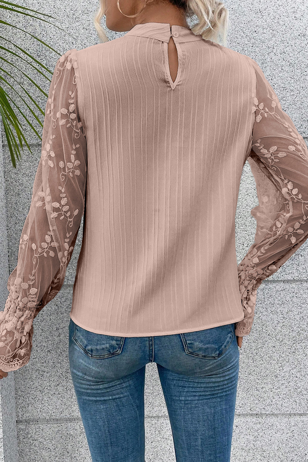 Contrast Lace Sleeve Mock Neck Textured Blouse