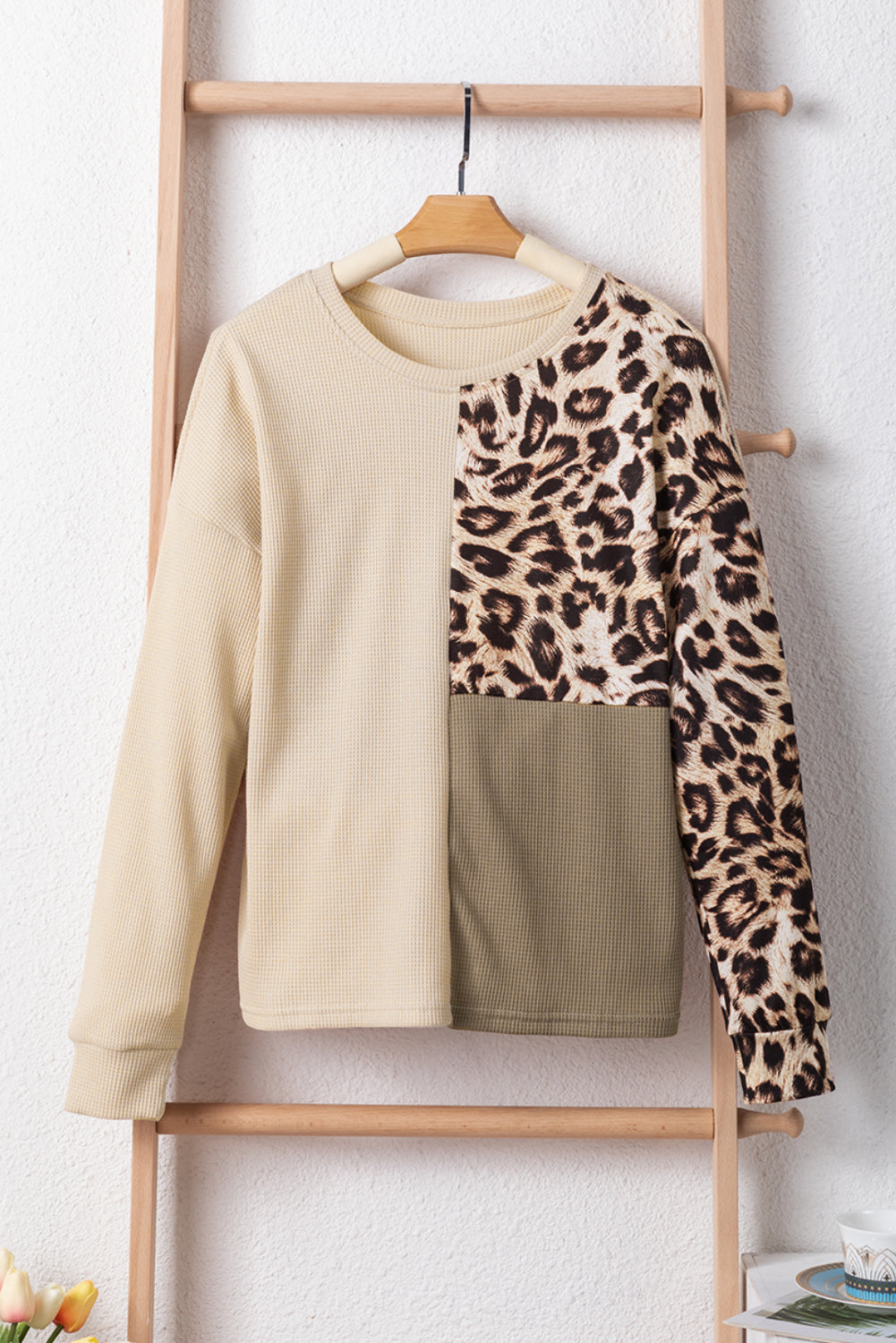 Bonbon Leopard Colorblock Waffle Knit Top