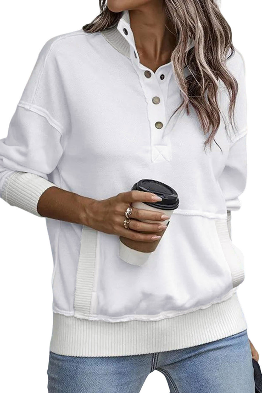 Black Ribbed Hem Snap Button Neckline Sweatshirt with Pocket