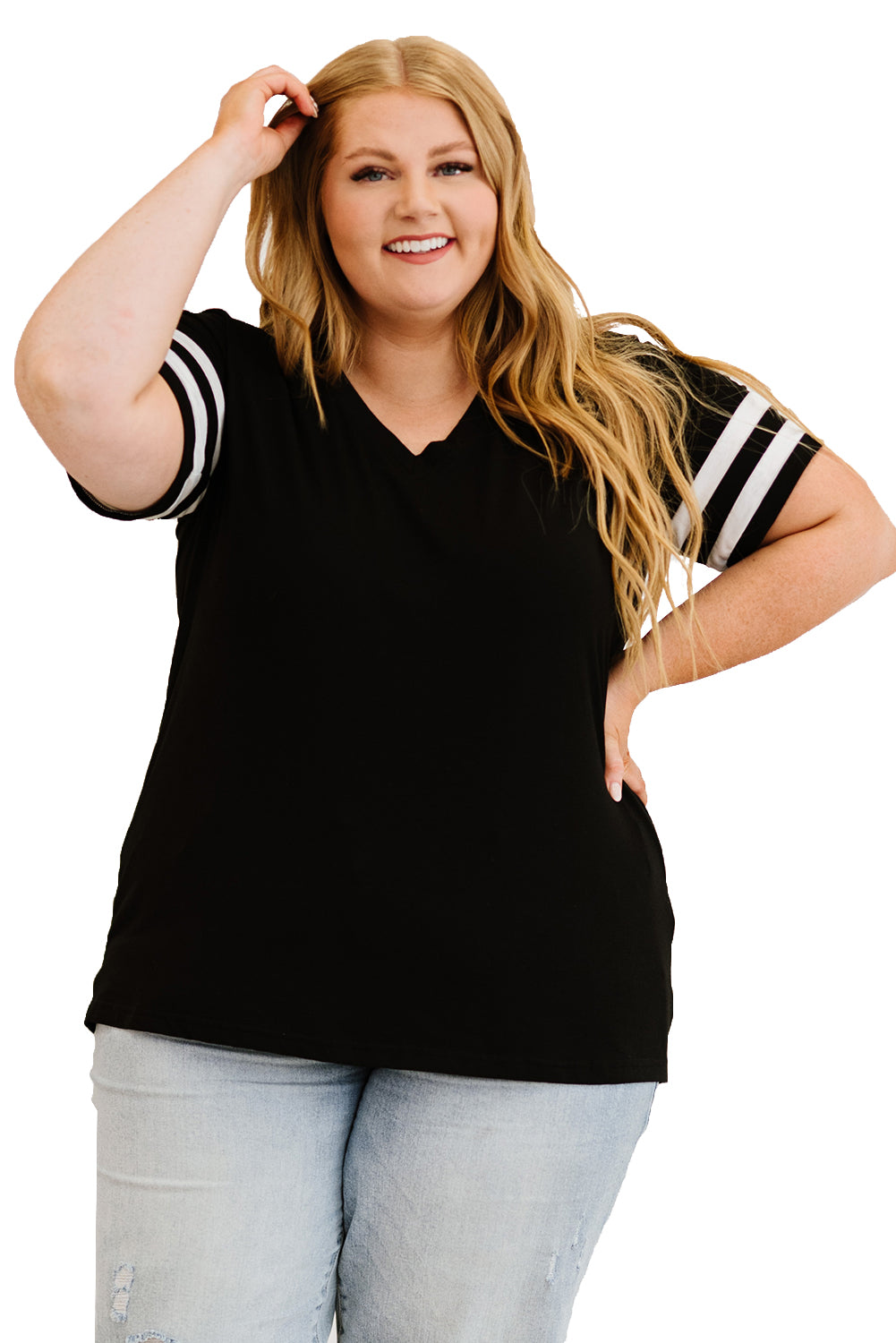 Plus Size Stripes Stitching Sleeve V Neck T-shirt