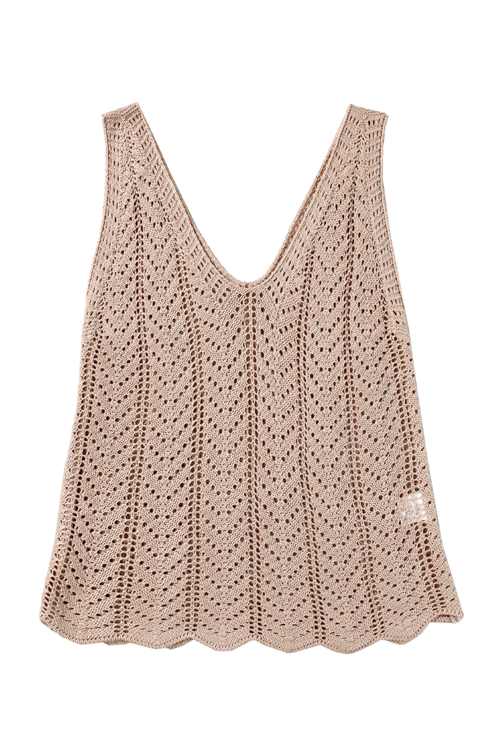 Pale Khaki Scalloped Hem V Neck Crochet Knit Vest