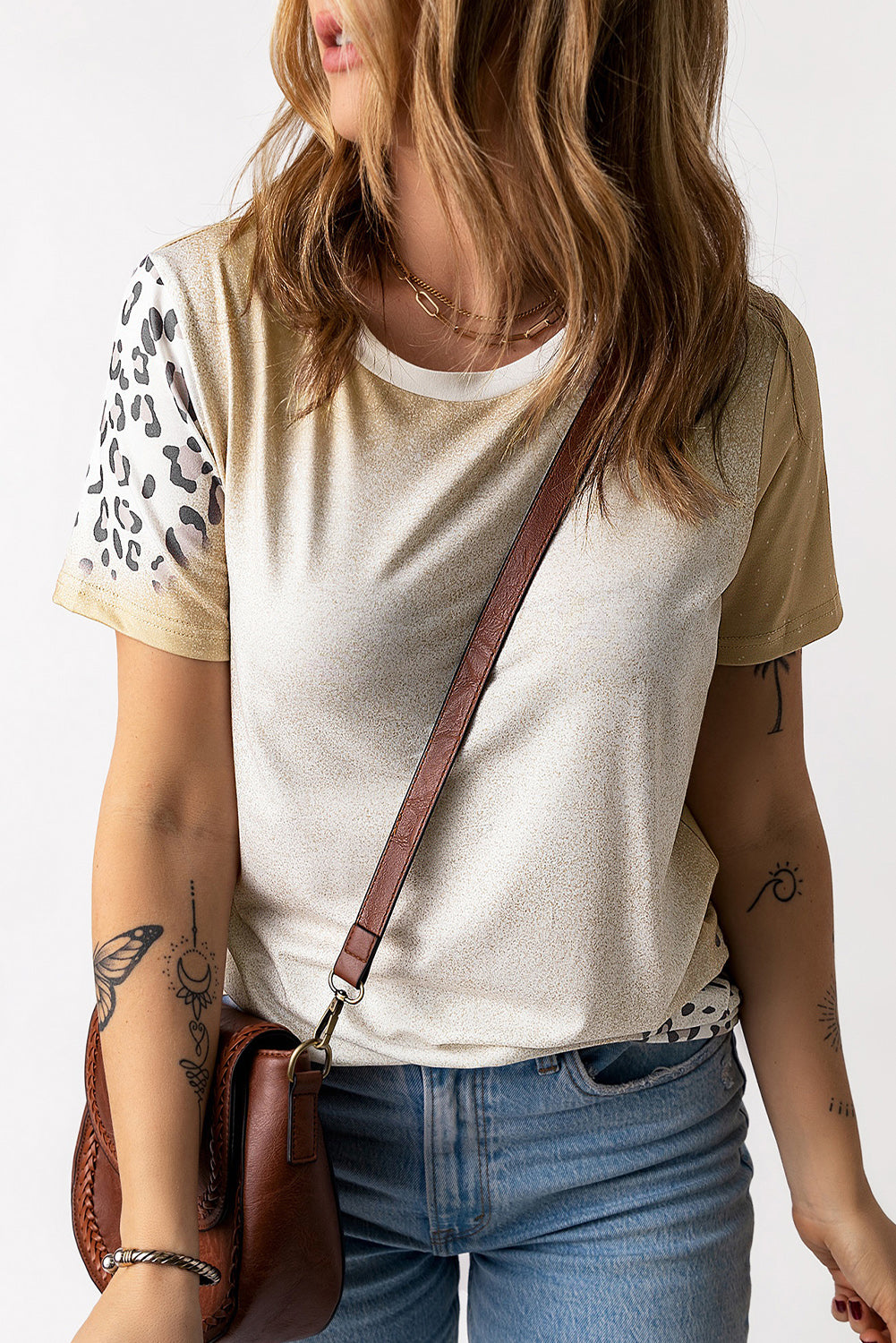 Khaki Bleached Leopard Print Crew Neck T Shirt