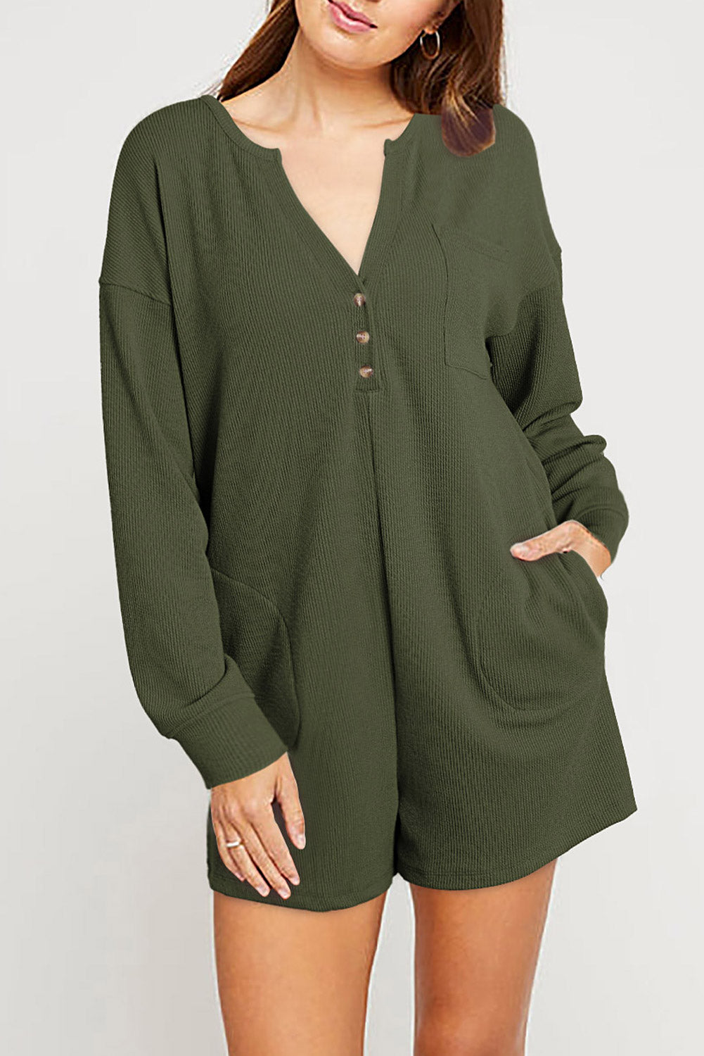 Dark Green Brushed Ribbed Button Split V Neck Long Sleeve Romper