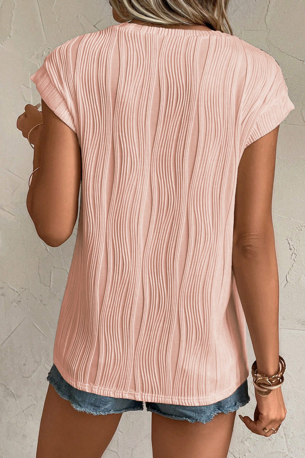 Wavy Texture Cap Sleeve Top