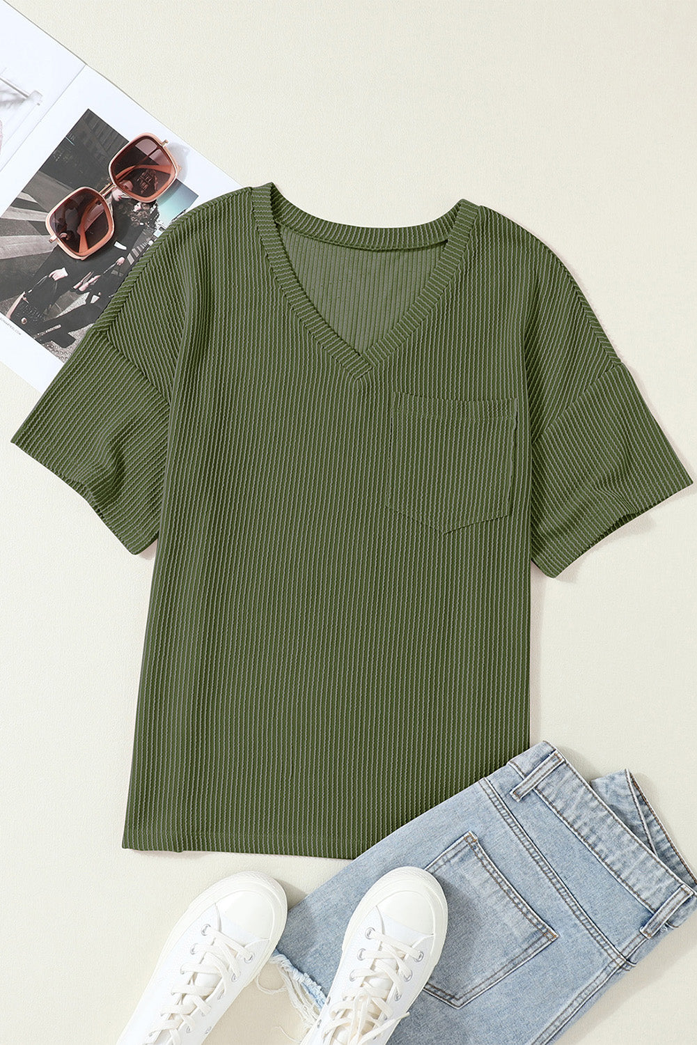 Corded V Neck Chest Pocket Loose T-shirt