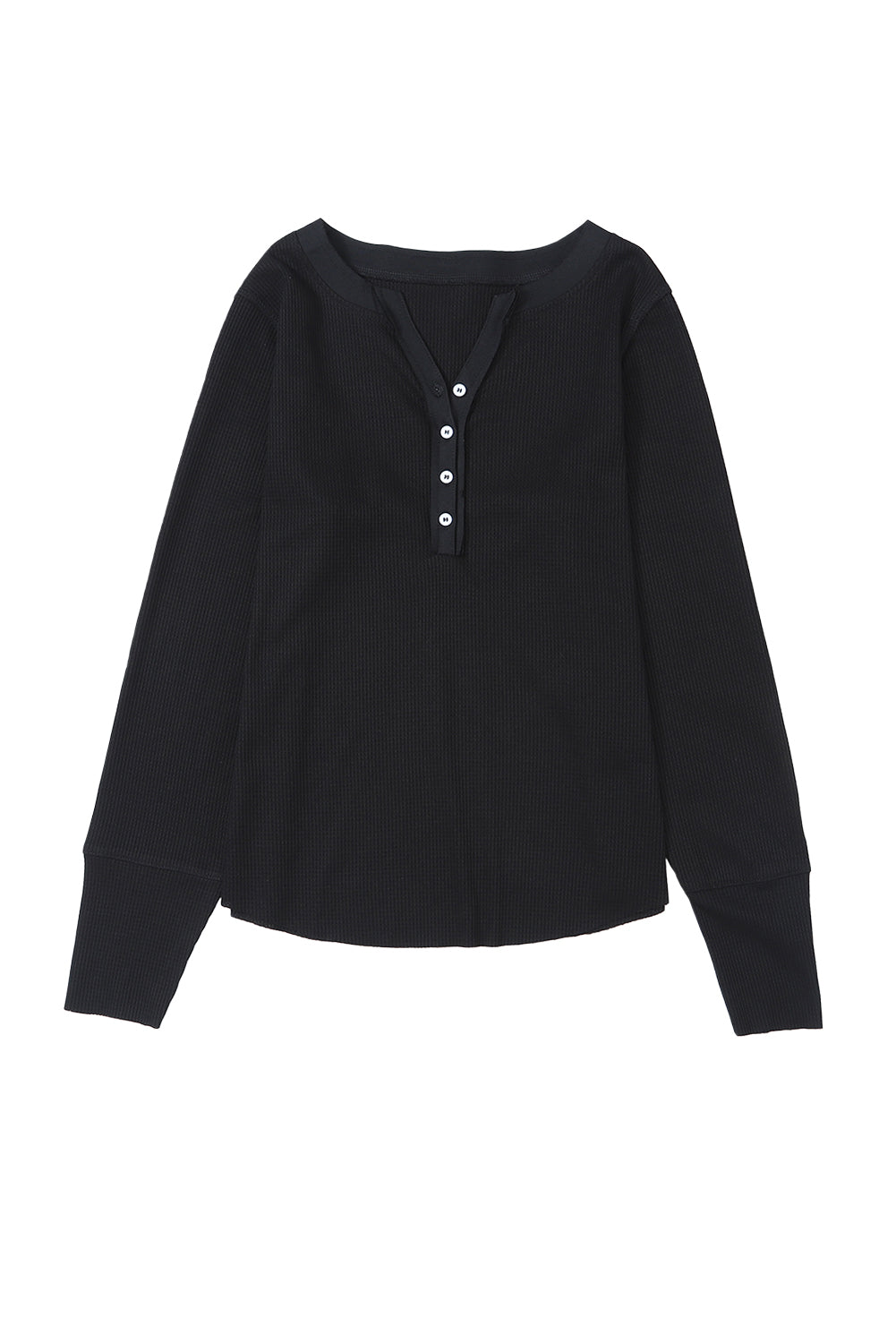 Black Trimmed Neckline Waffle Knit Henley Top