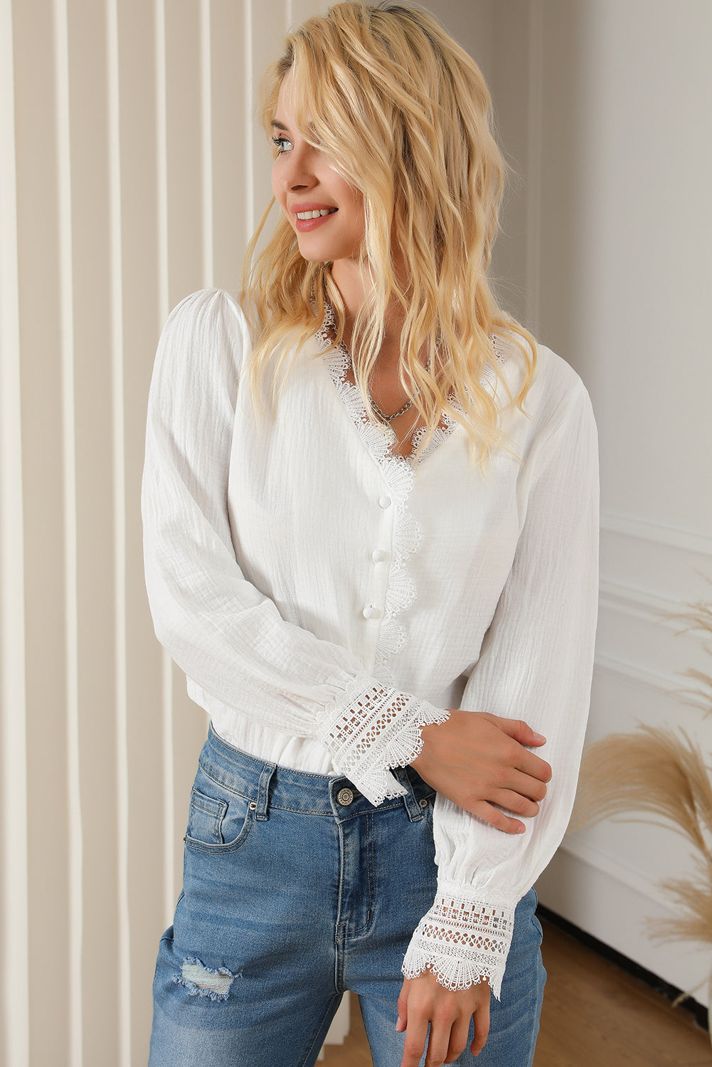 Lace Crochet Trim Deep V Neck Textured Blouse