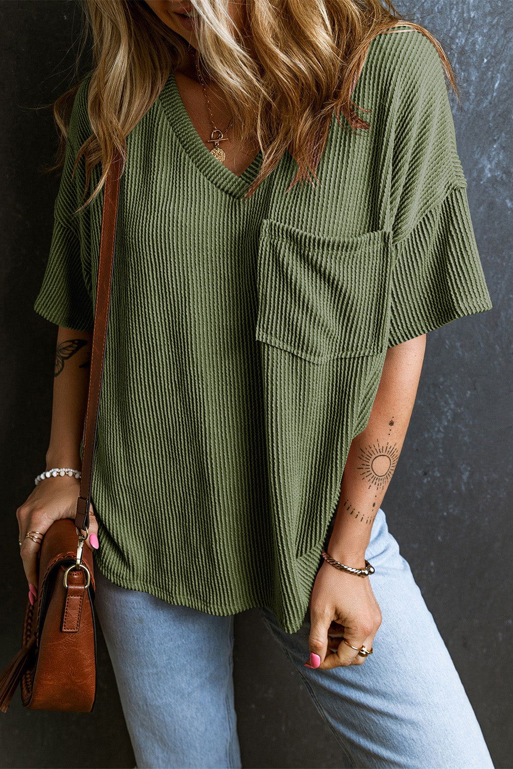 Corded V Neck Chest Pocket Loose T-shirt