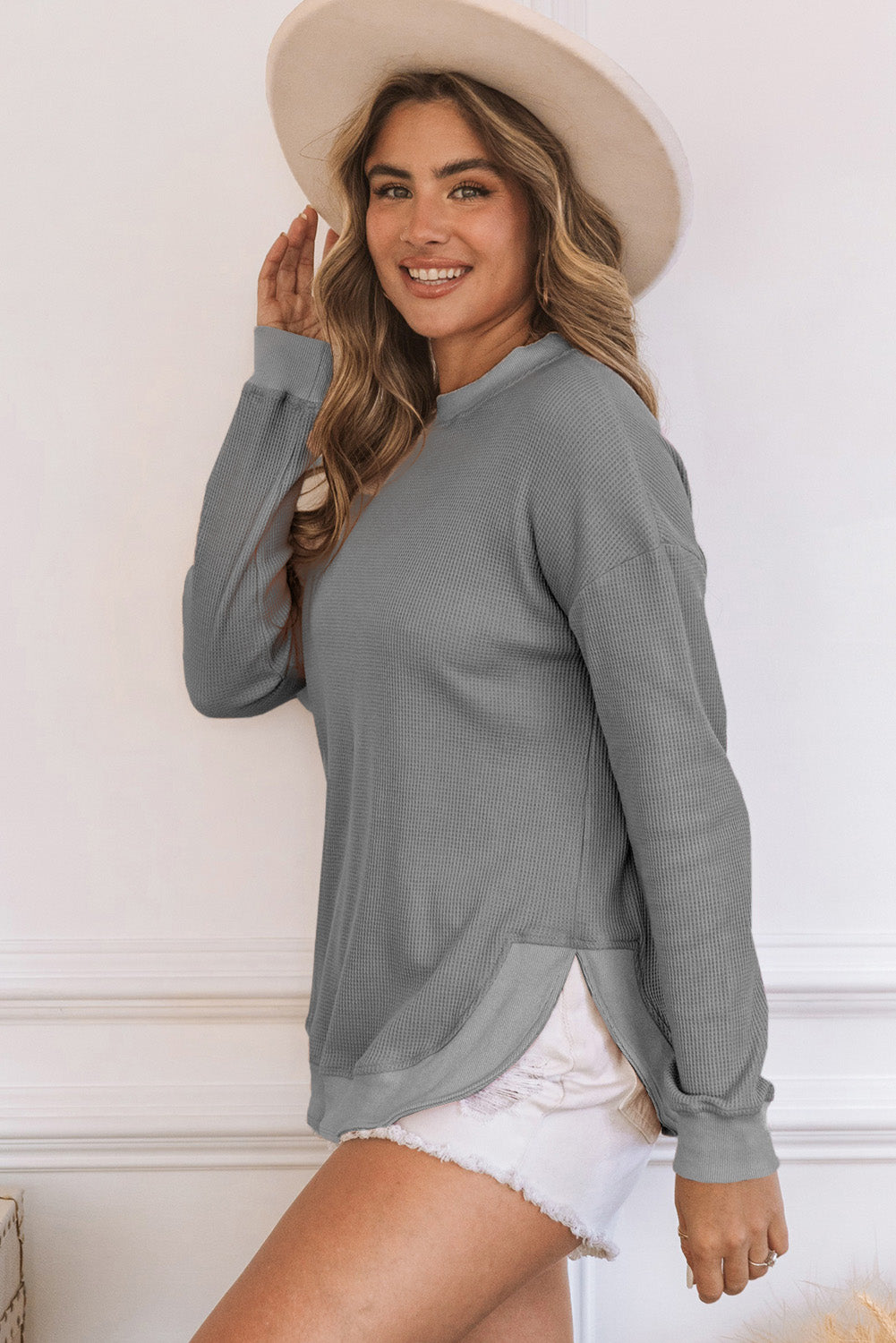 Apricot Crew Neck Ribbed Trim Waffle Knit Top