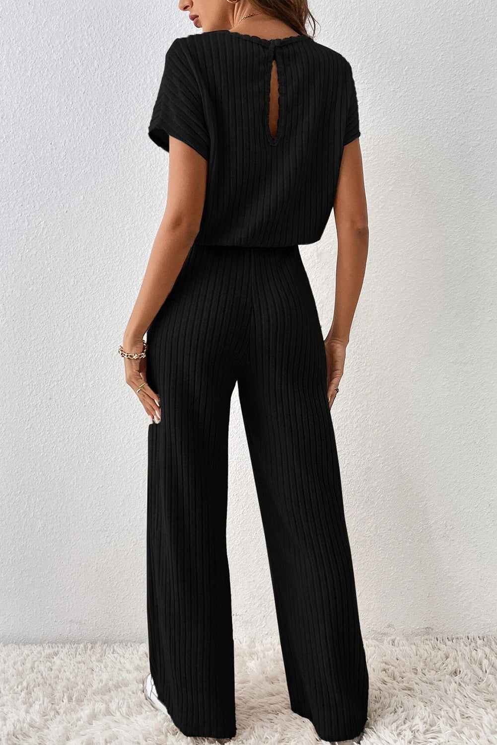 Parchment Solid Color Ribbed Short Sleeve Wide Leg Jumpsuit