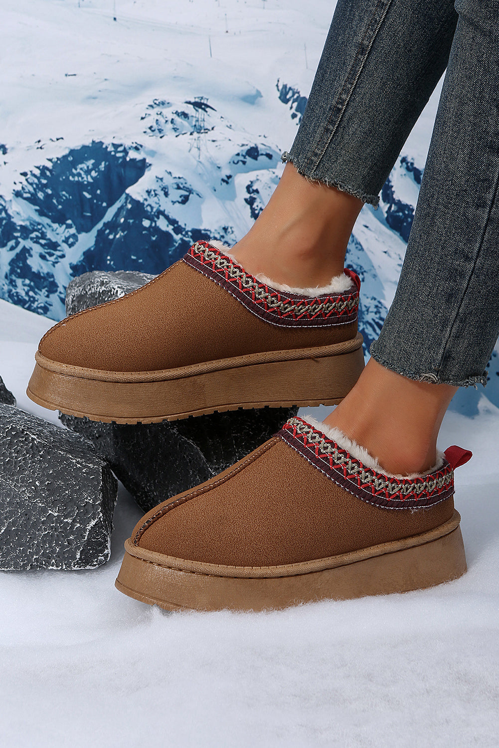 Suede Contrast Print Plush Lined Snow Boots