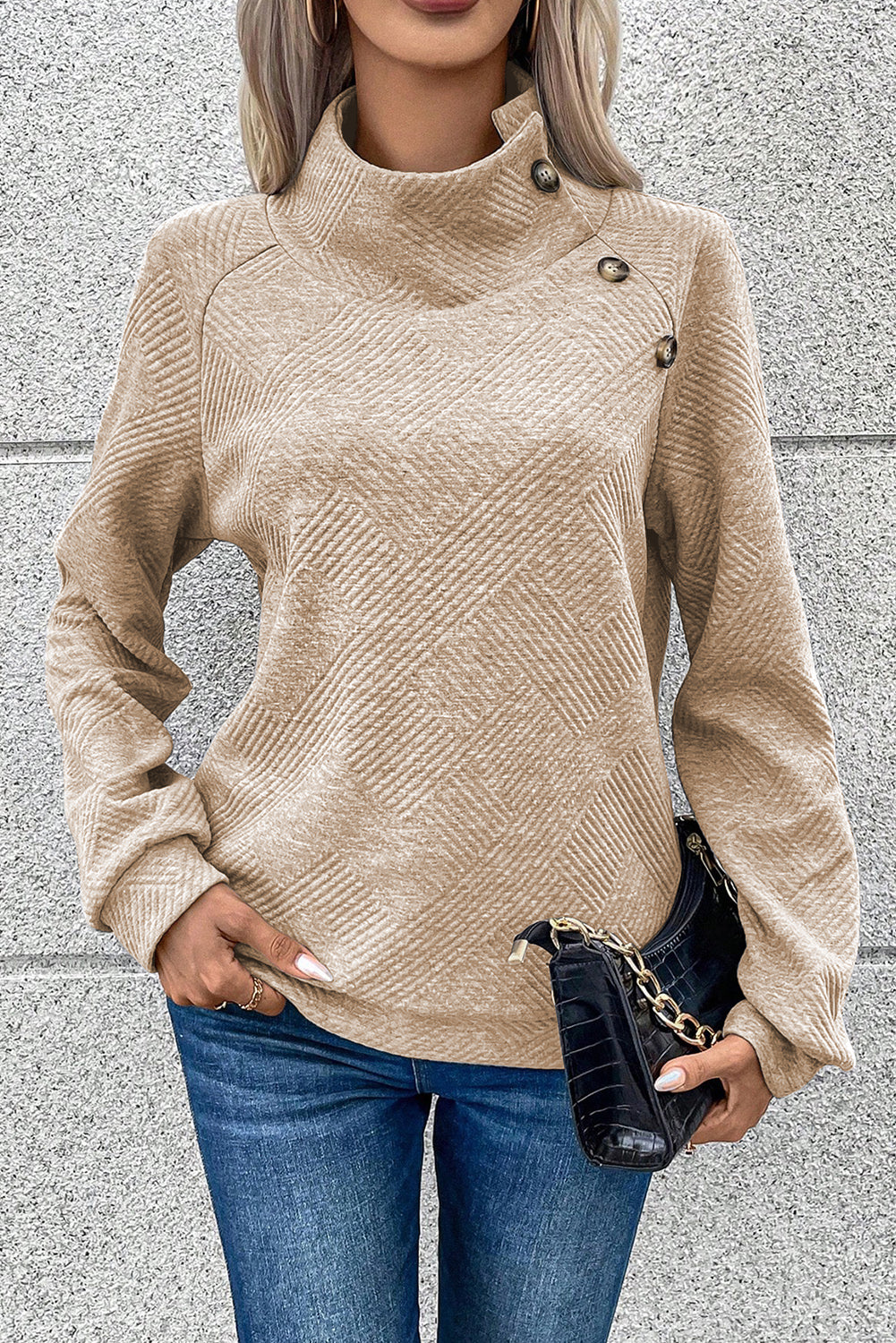 Textured Knit Buttoned Kangaroo Pocket Sweatshirt