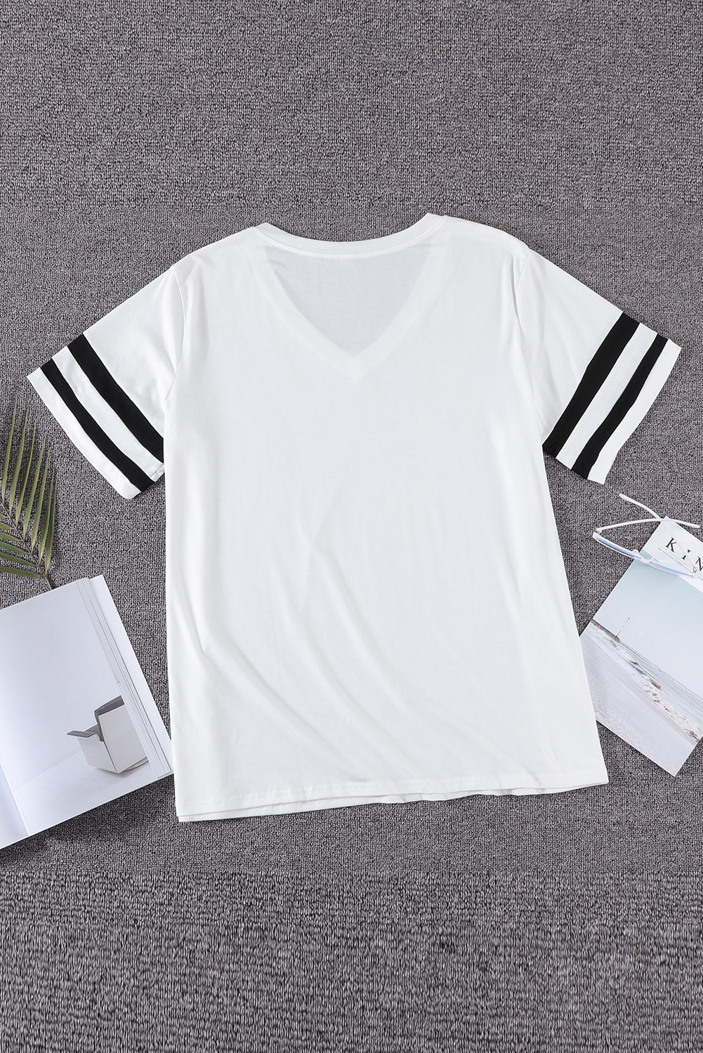 Plus Size Stripes Stitching Sleeve V Neck T-shirt