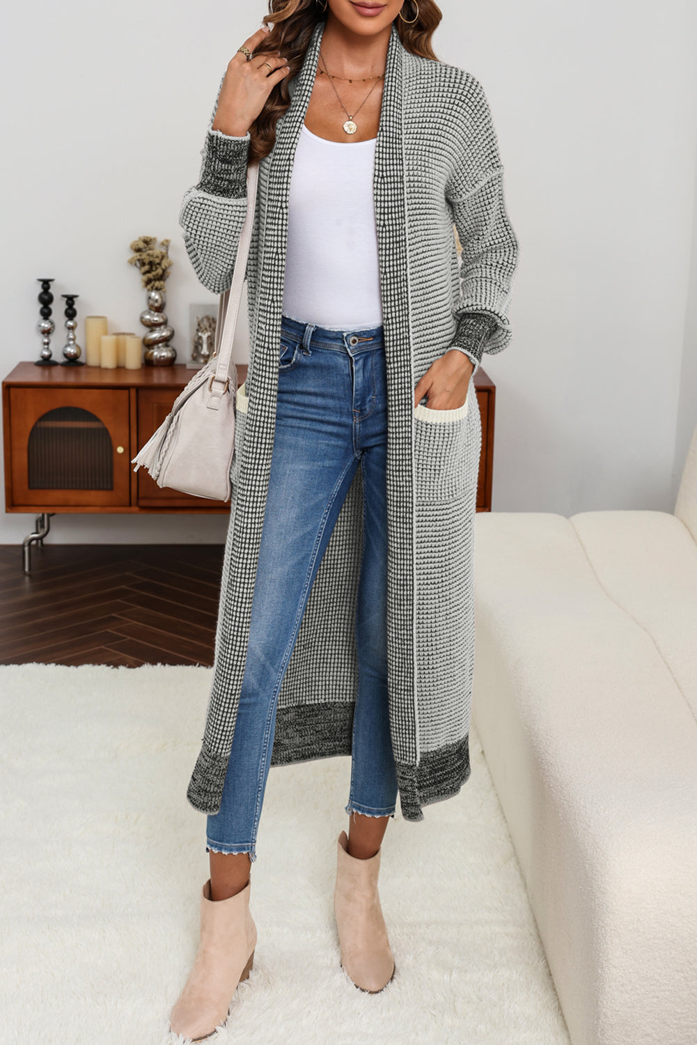 Plaid Knitted Long Open Front Cardigan