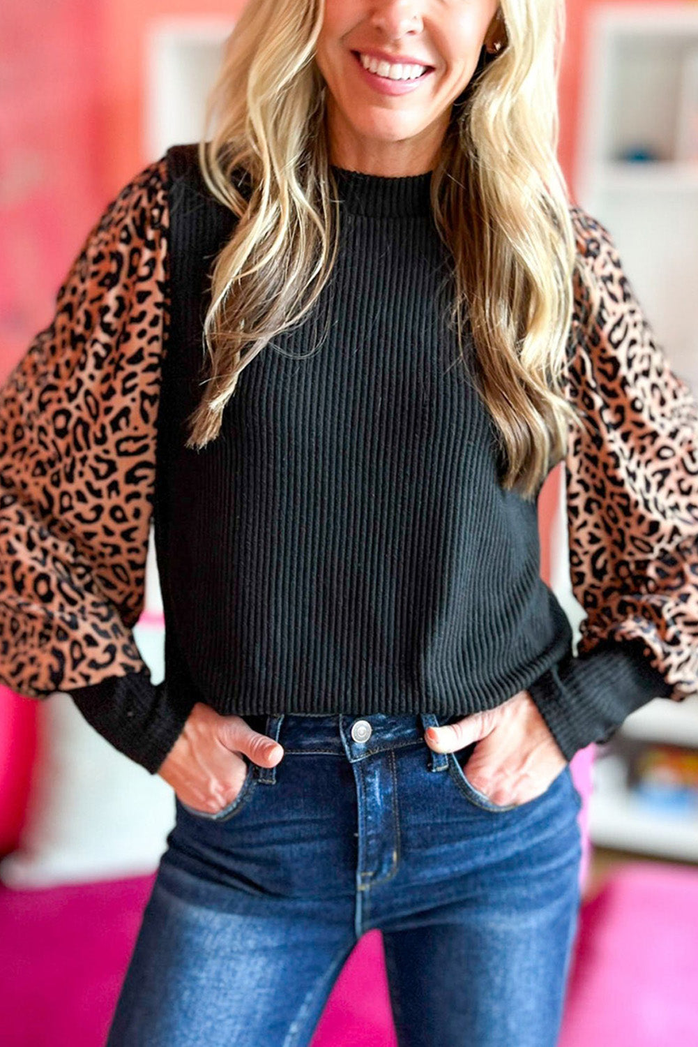 Leopard Patchwork Ribbed Knit Mock Neck Plus Size Top