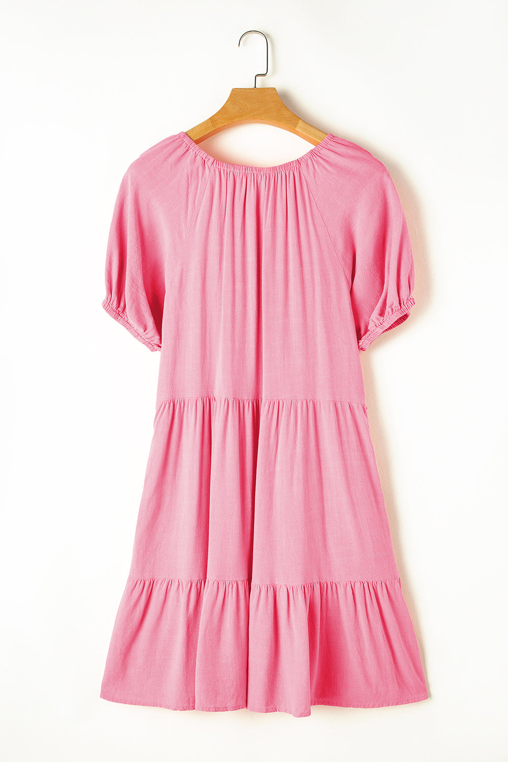 Strawberry Pink Puff Sleeve V Neck Tiered Swing Dress