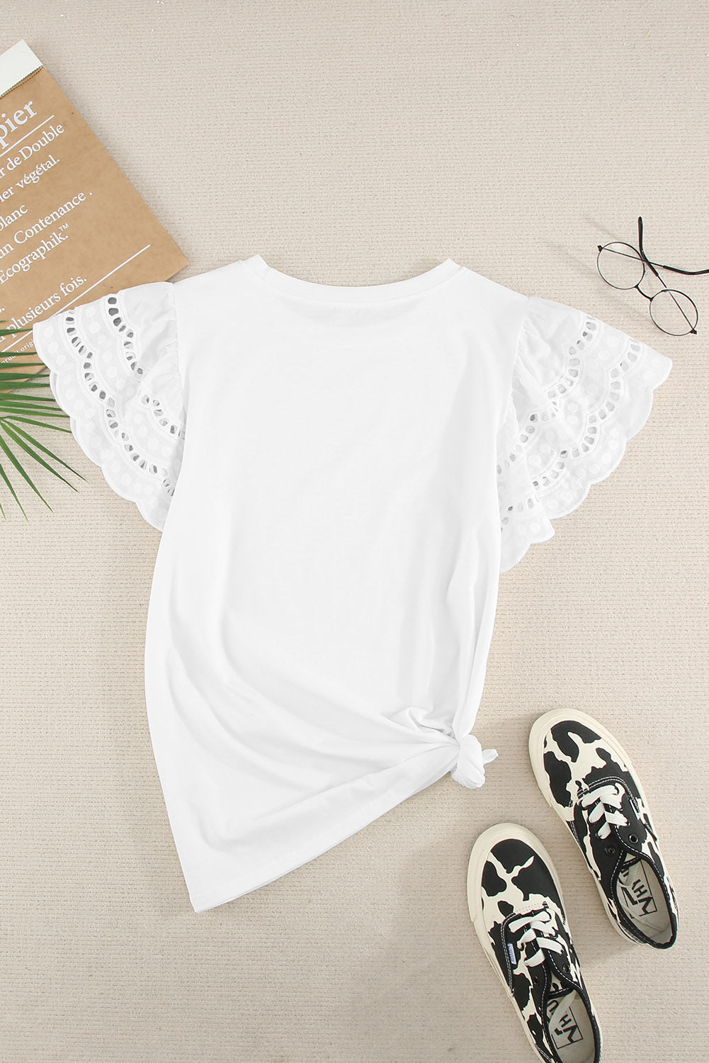 Black Hollow Out Ruffle Sleeve T-shirt