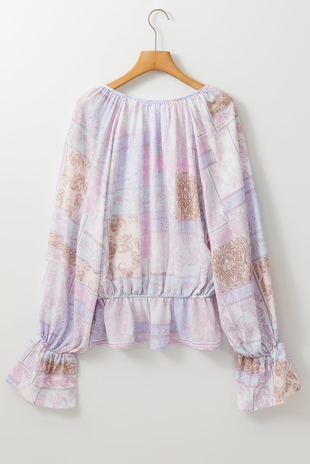 Purple Mixed Print Split Neck Ruffle Bubble Sleeve Blouse