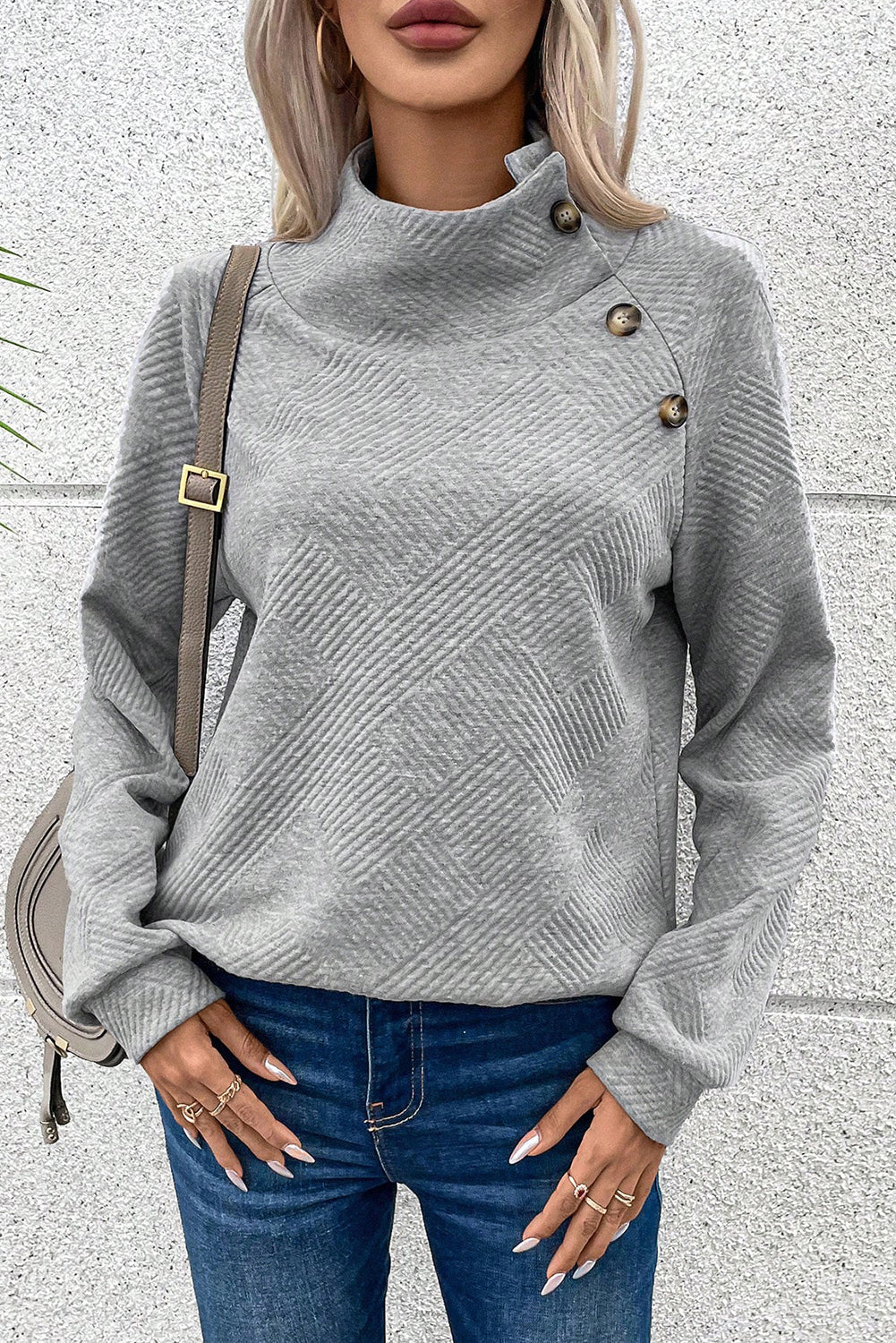 Textured Knit Buttoned Kangaroo Pocket Sweatshirt