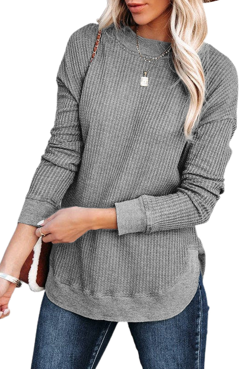 Apricot Crew Neck Ribbed Trim Waffle Knit Top