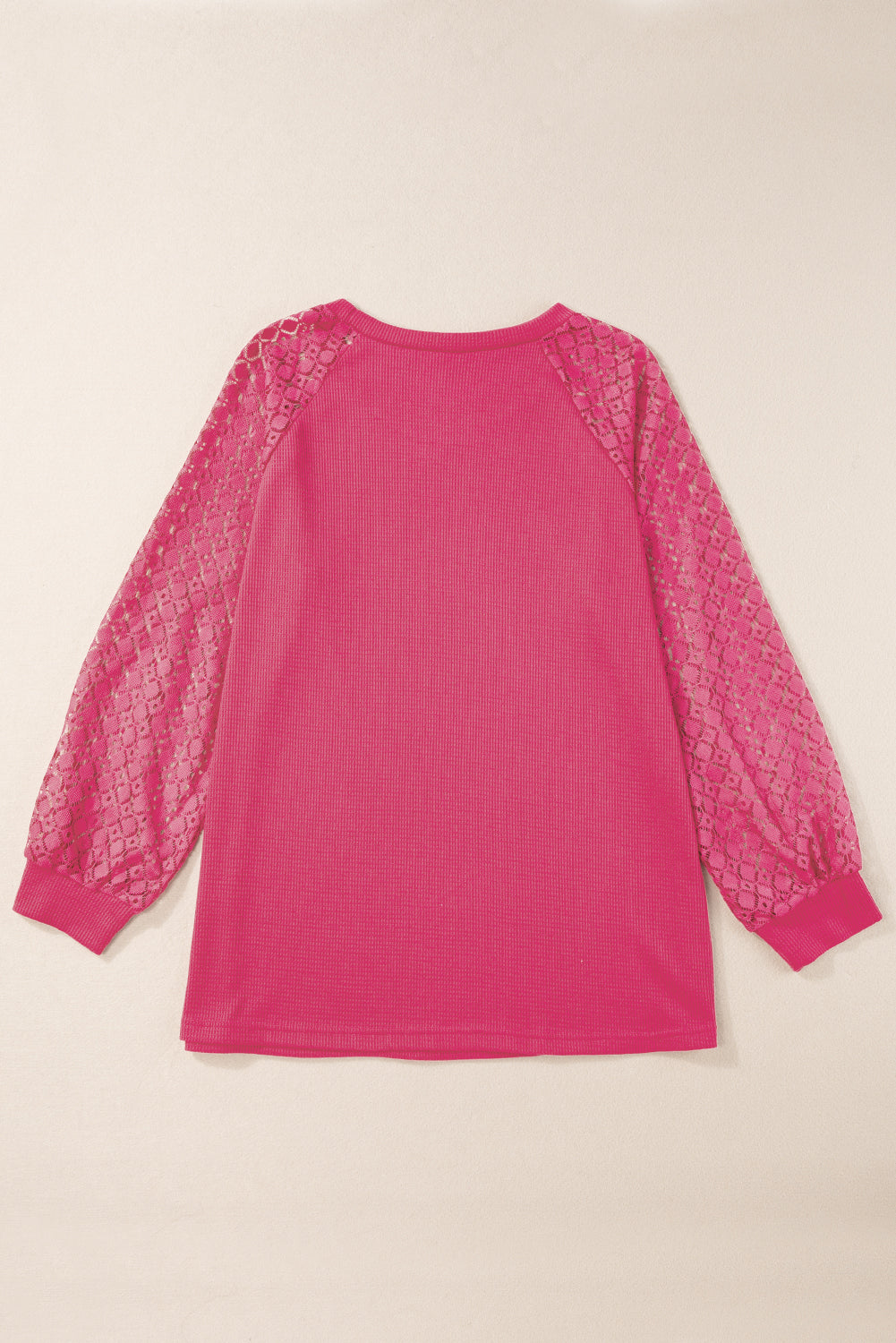 Strawberry Pink Plus Size Contrast Lace Sleeve Waffle Knit Top