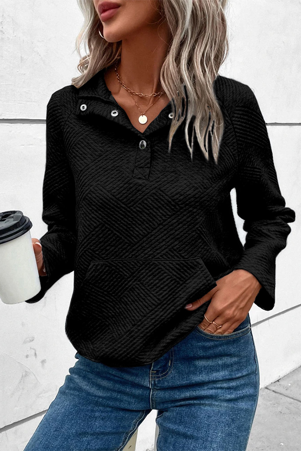 Textured Knit Buttoned Kangaroo Pocket Sweatshirt