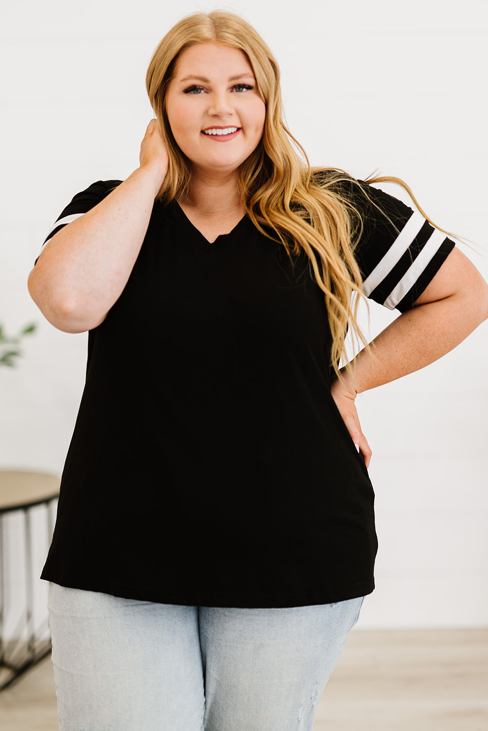 Plus Size Stripes Stitching Sleeve V Neck T-shirt