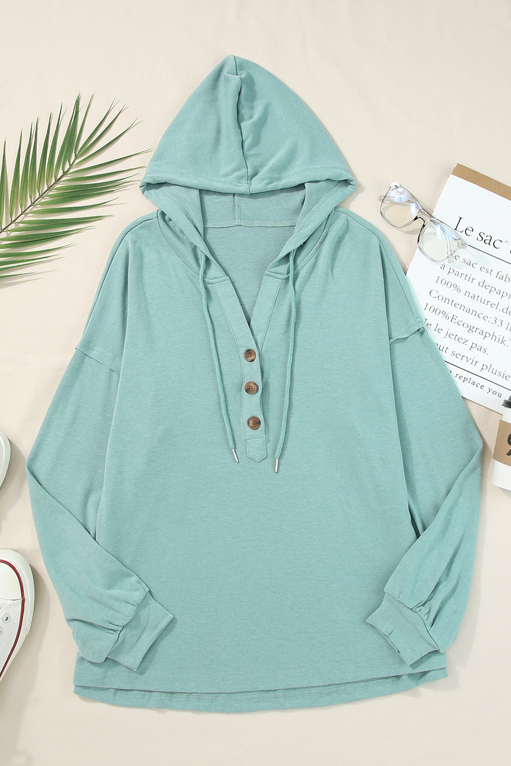 White Buttoned High and Low Hem Hoodie