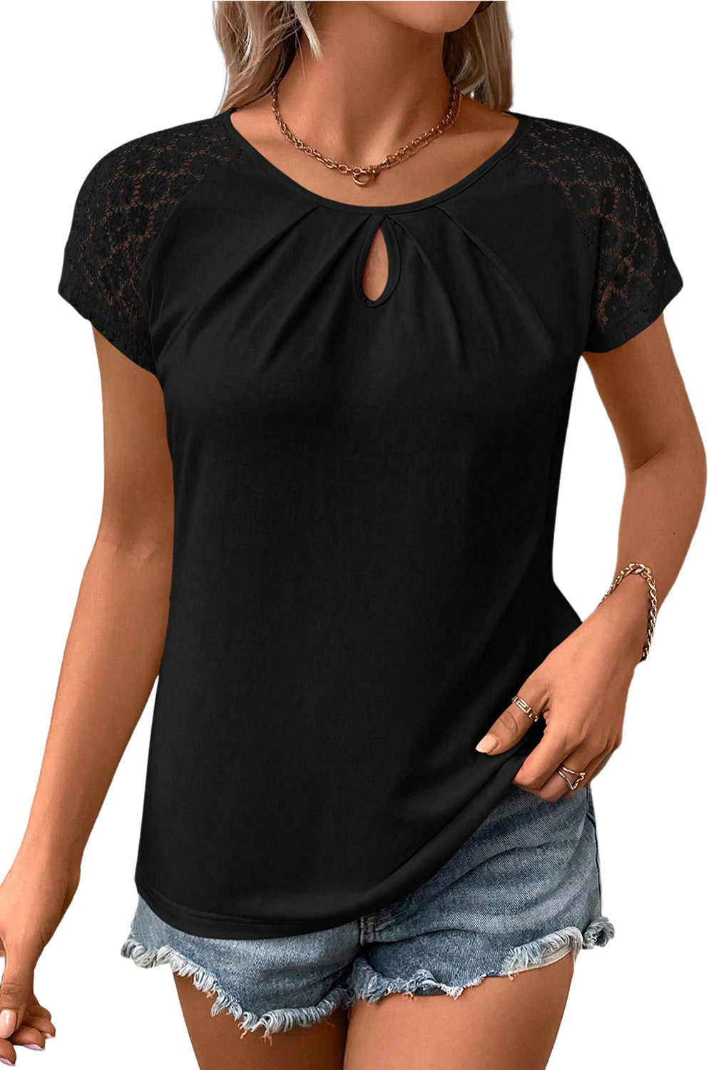 Lace Sleeve Keyhole Decor Top