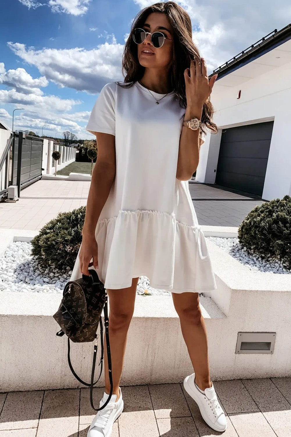 White Frilly Splicing Hem Short Sleeve Casual Dress