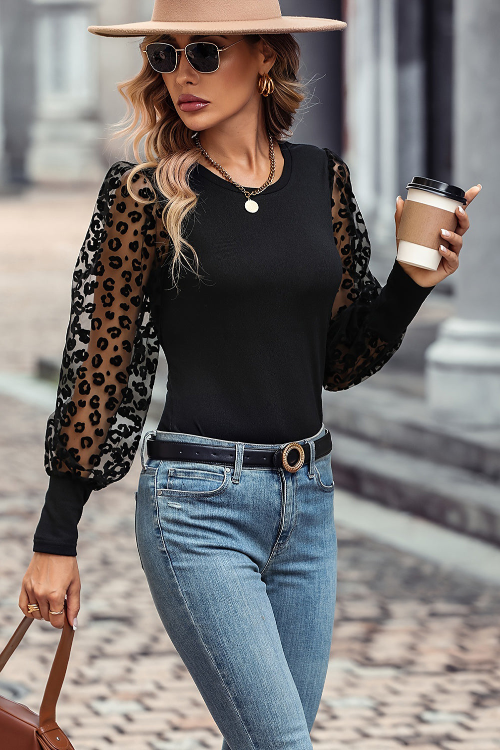 Leopard Mesh Puff Sleeve Patchwork Slim Fit Top