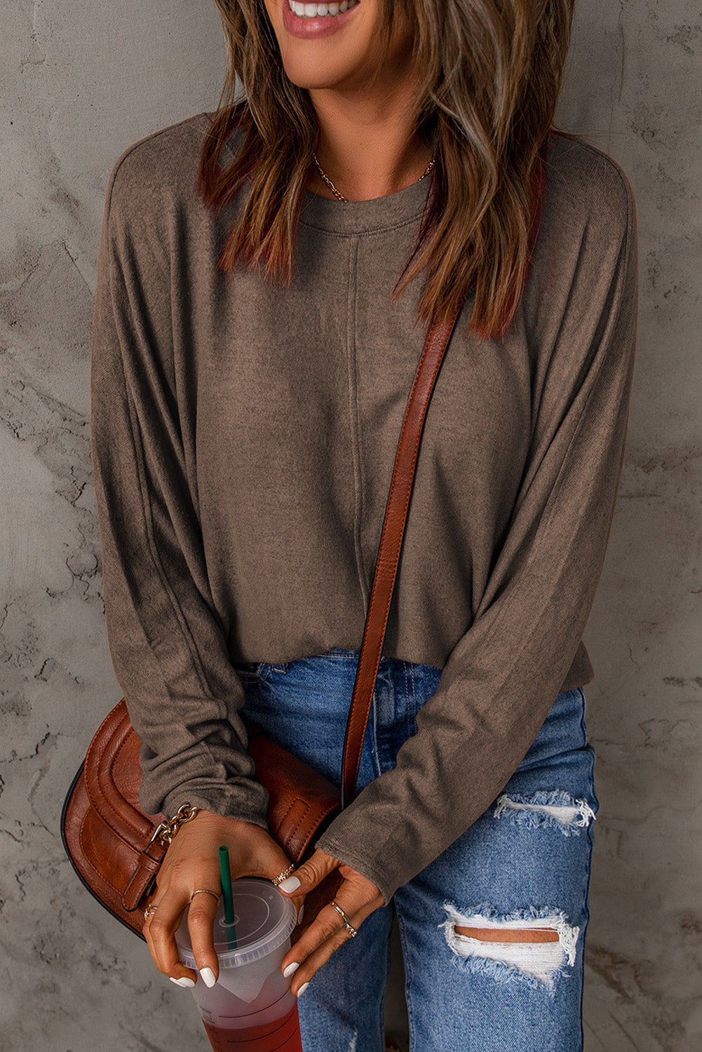 Brown Fiery Solid Color Patchwork Long Sleeve Top