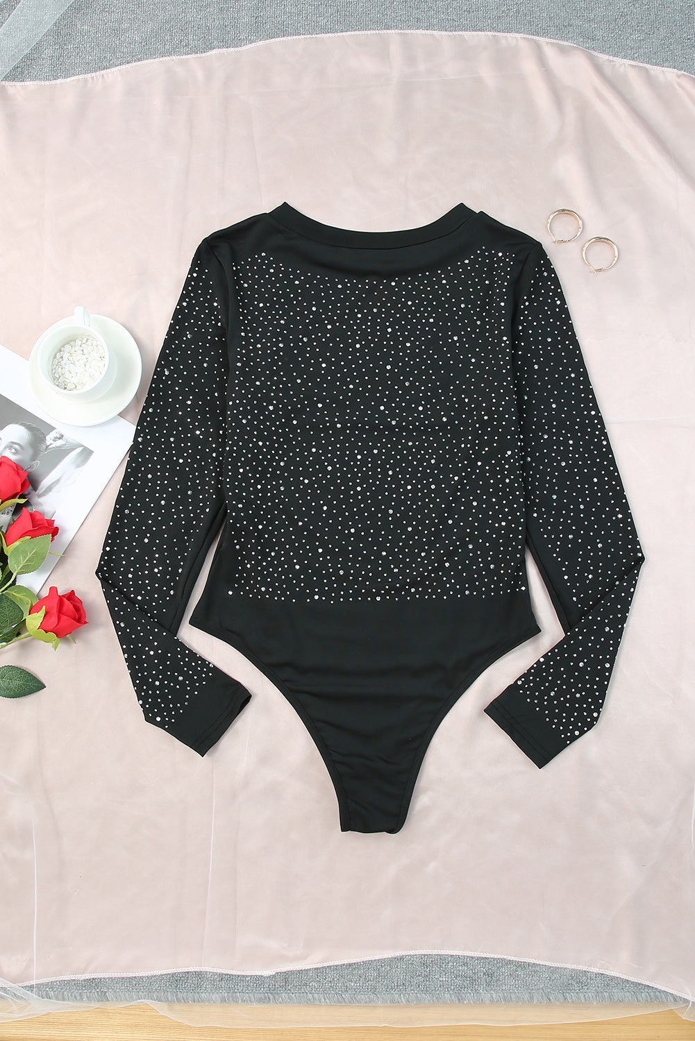 Rose Rhinestone O-neck Long Sleeve Bodysuit