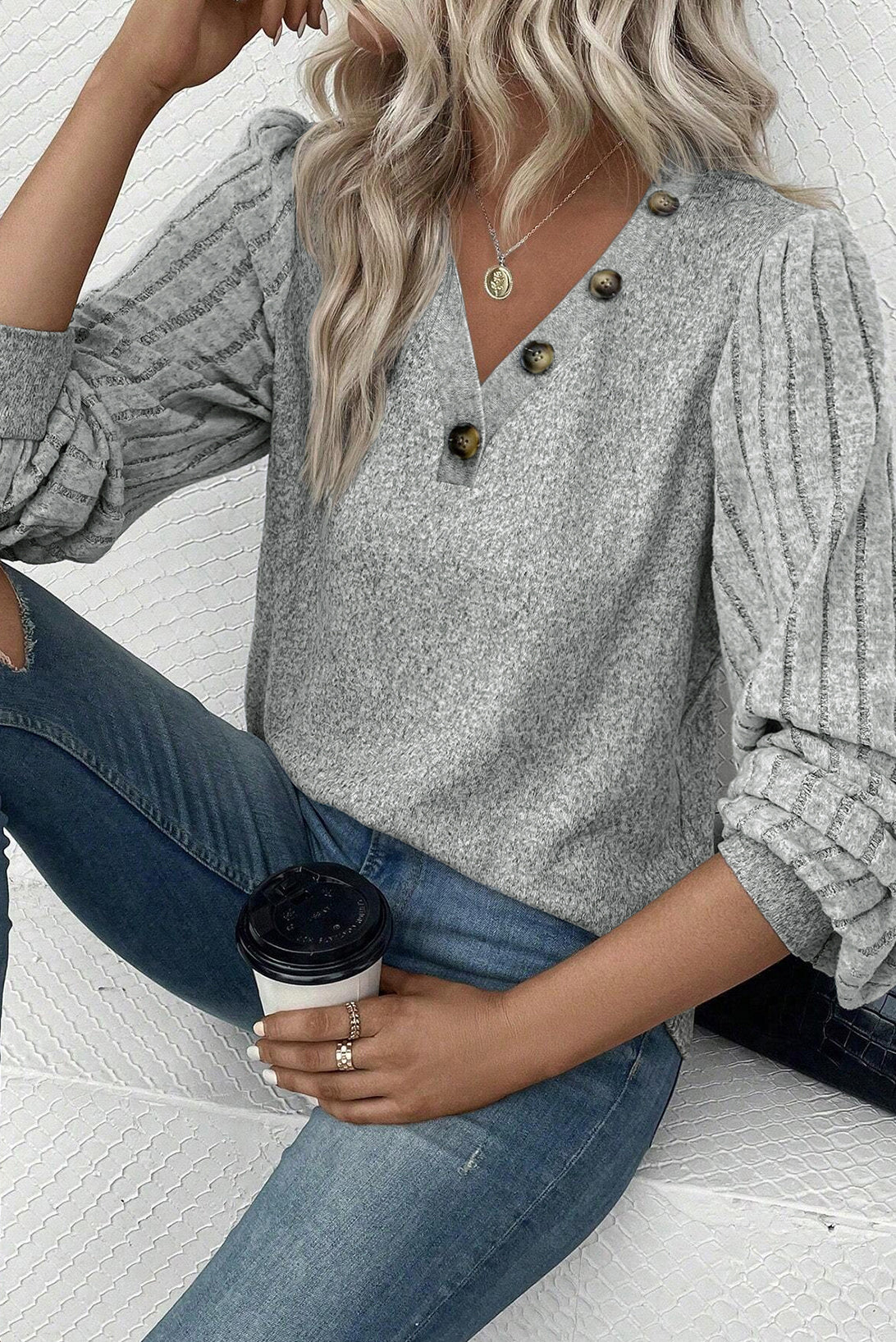 Black Buttoned V Neck Ribbed Puff Sleeve Top