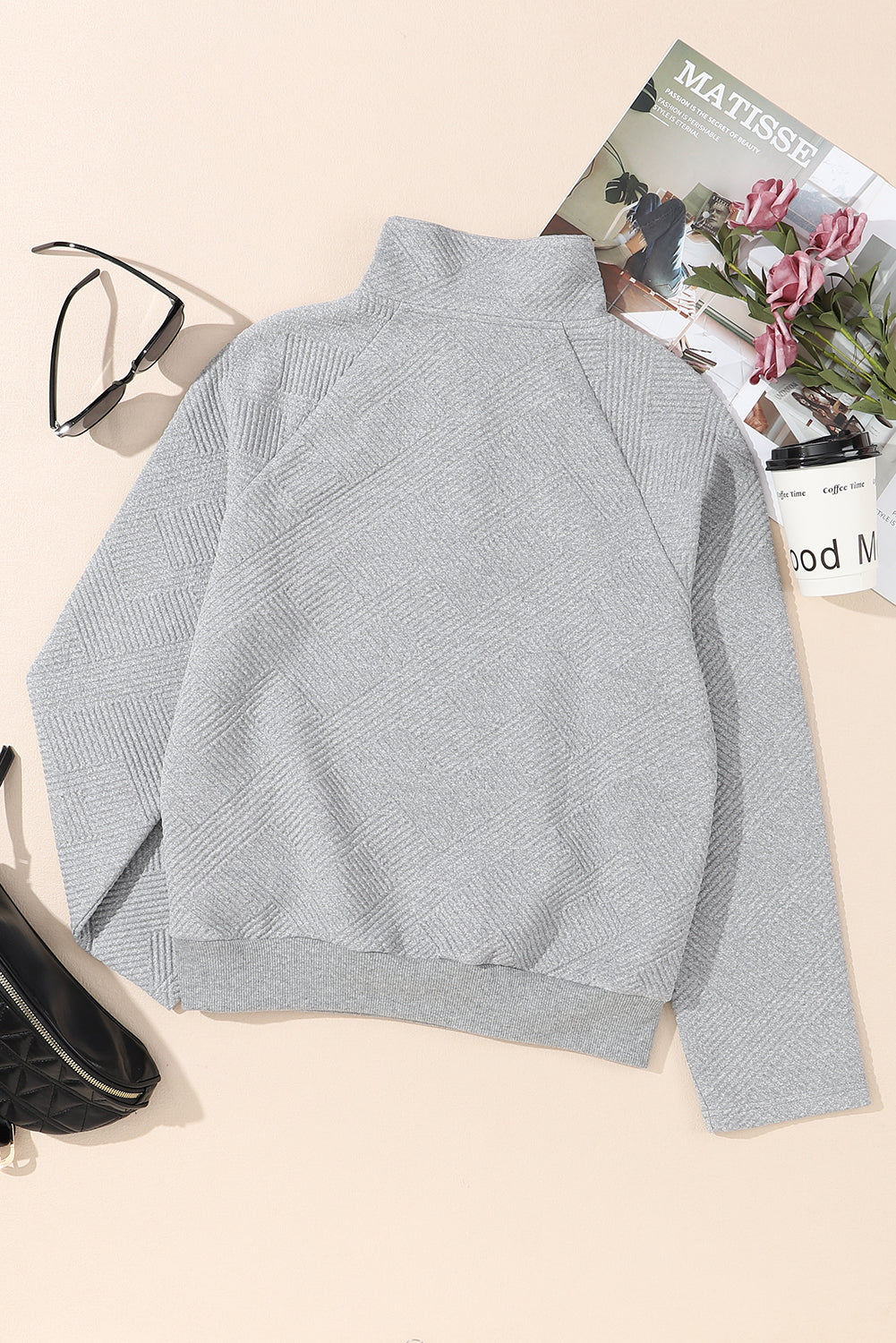 Textured Knit Buttoned Kangaroo Pocket Sweatshirt