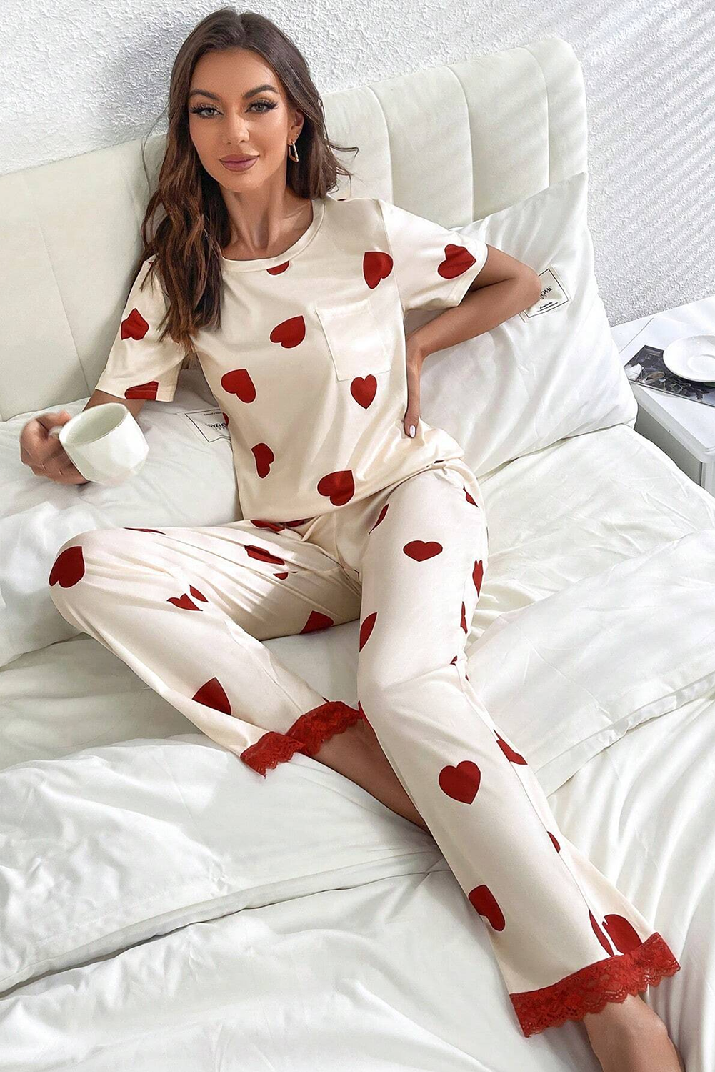 White Valentines Heart Print Lace Hem Tee Pants Pajama Set